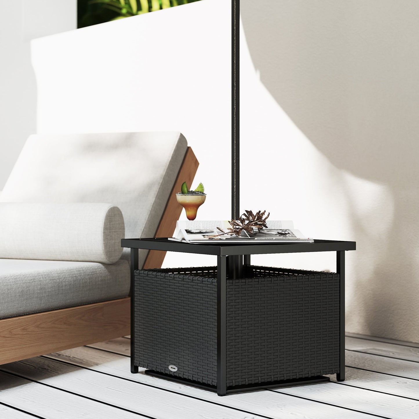 21.75" Outdoor Rattan Wicker Patio Coffee Table with Umbrella Hole, Patio Side Table with Slatted Metal Top, Suitable for Garden, Backyard, Black