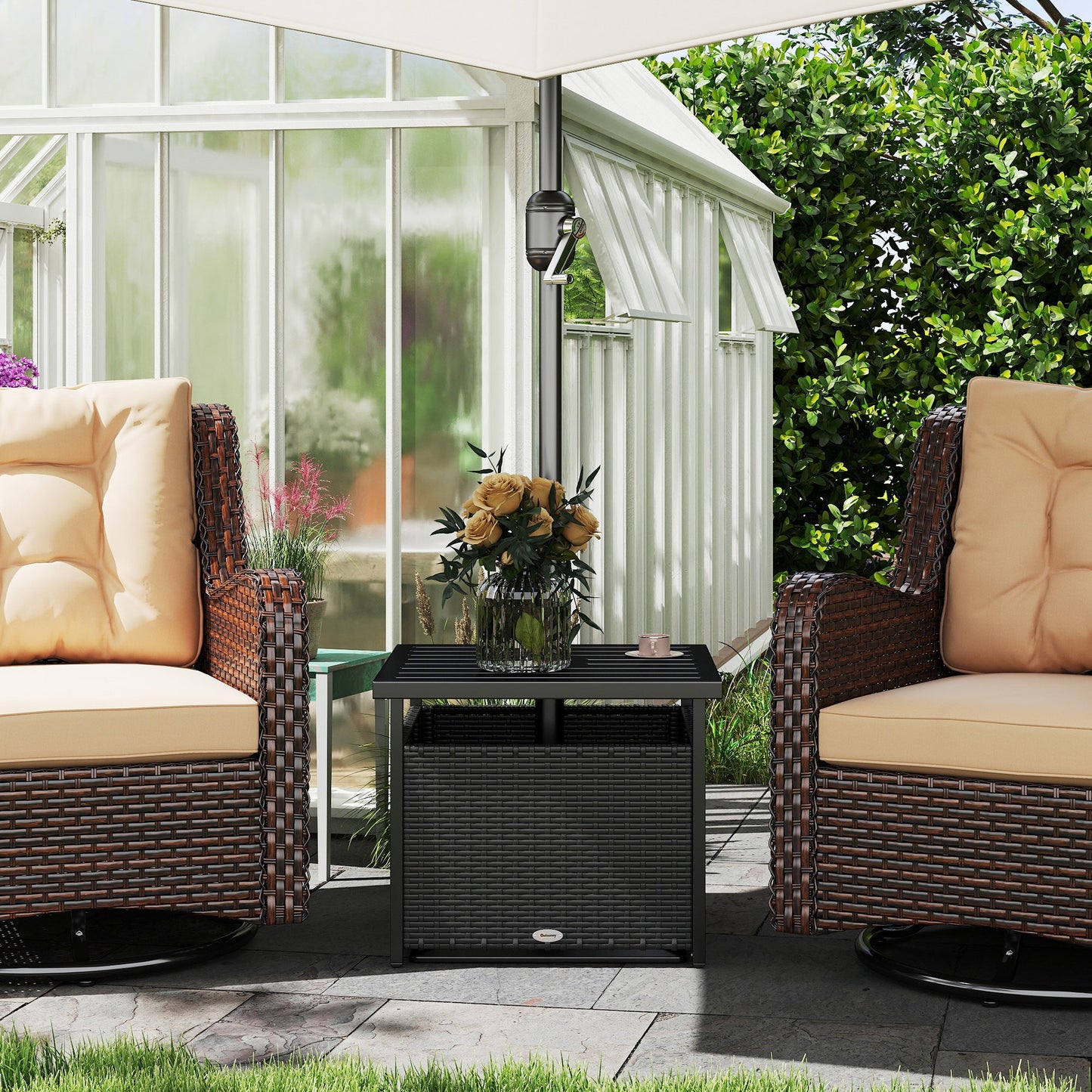 21.75" Outdoor Rattan Wicker Patio Coffee Table with Umbrella Hole, Patio Side Table with Slatted Metal Top, Suitable for Garden, Backyard, Black