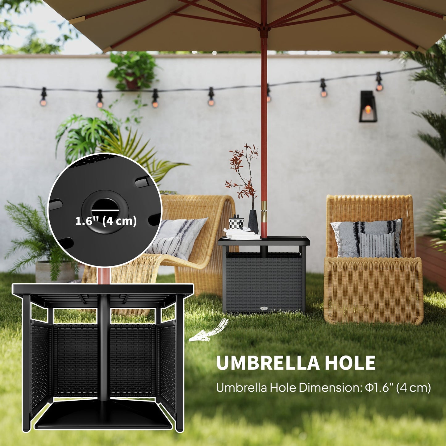 21.75" Outdoor Rattan Wicker Patio Coffee Table with Umbrella Hole, Patio Side Table with Slatted Metal Top, Suitable for Garden, Backyard, Black