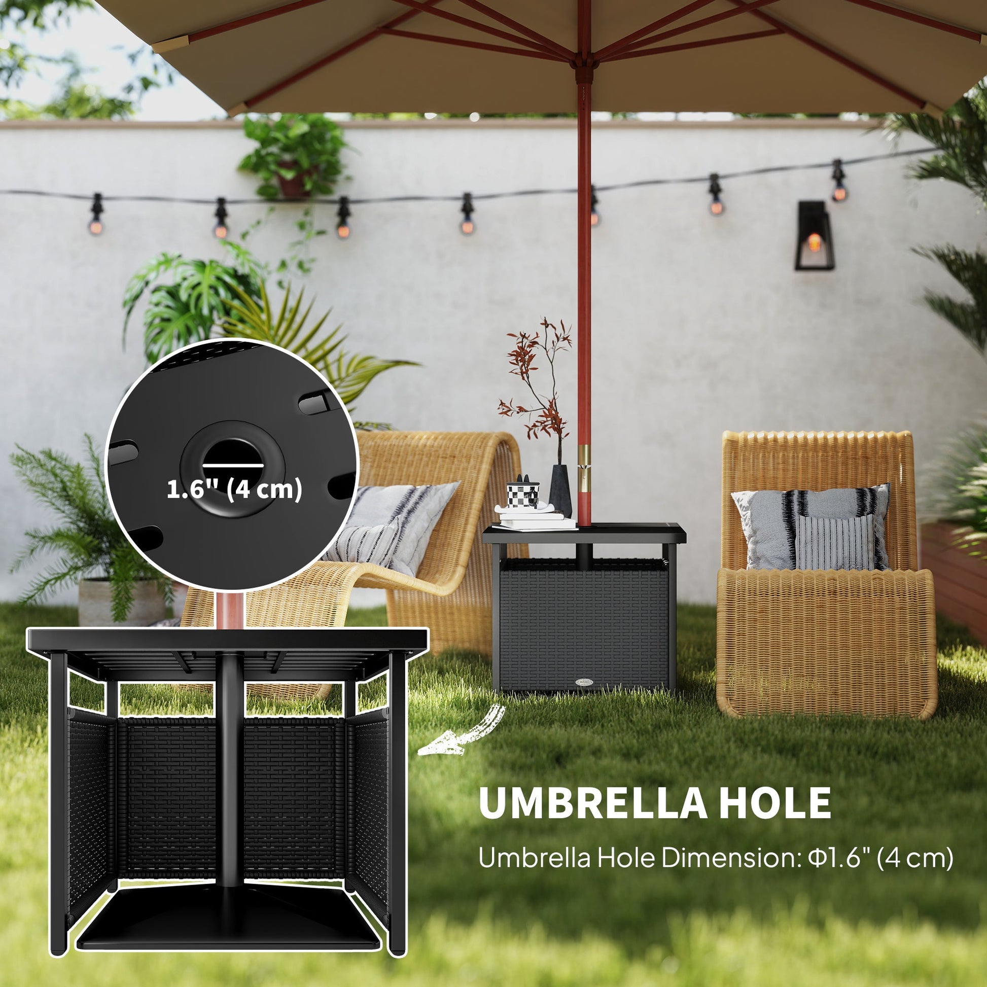 21.75" Outdoor Rattan Wicker Patio Coffee Table with Umbrella Hole, Patio Side Table with Slatted Metal Top, Suitable for Garden, Backyard, Black
