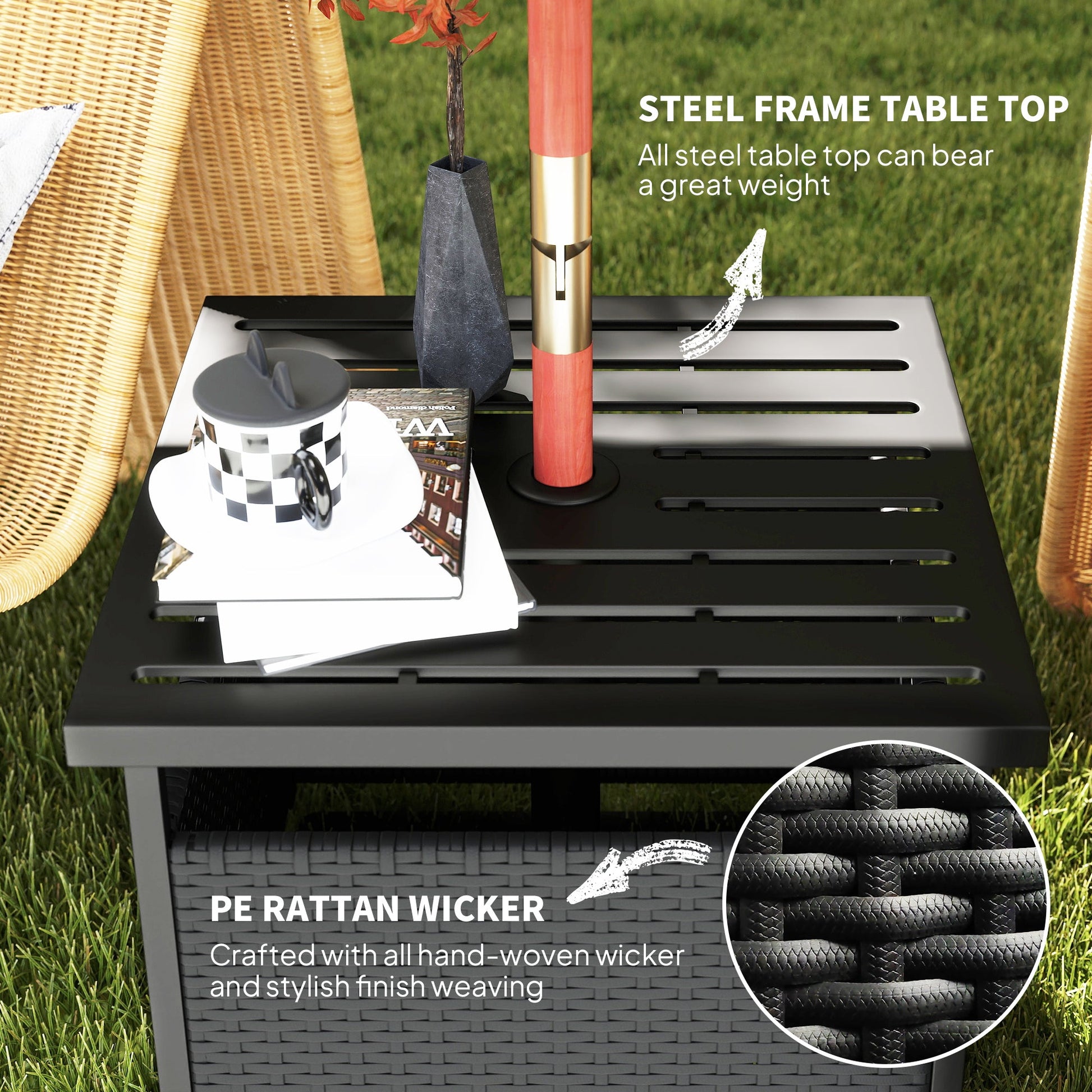 21.75" Outdoor Rattan Wicker Patio Coffee Table with Umbrella Hole, Patio Side Table with Slatted Metal Top, Suitable for Garden, Backyard, Black