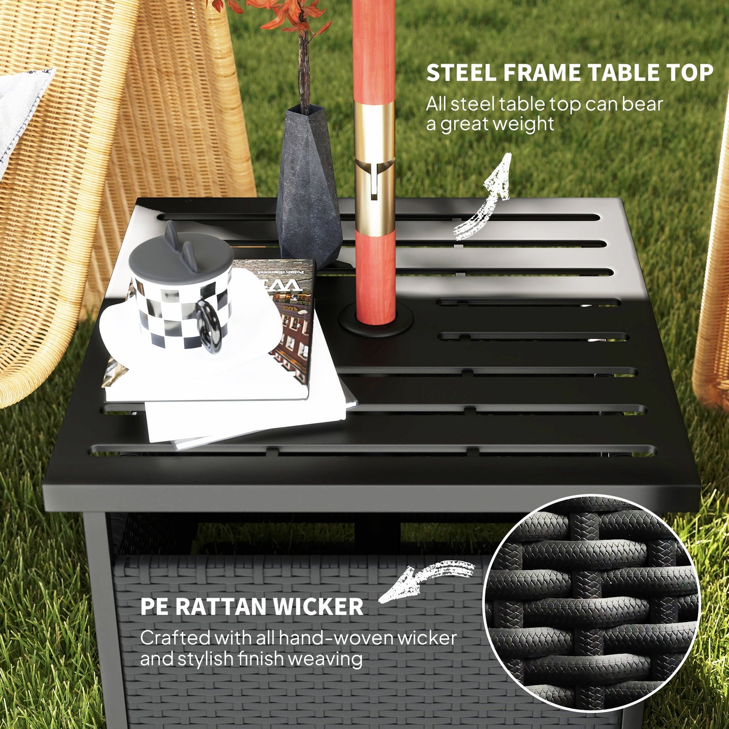 21.75" Outdoor Rattan Wicker Patio Coffee Table with Umbrella Hole, Patio Side Table with Slatted Metal Top, Suitable for Garden, Backyard, Black