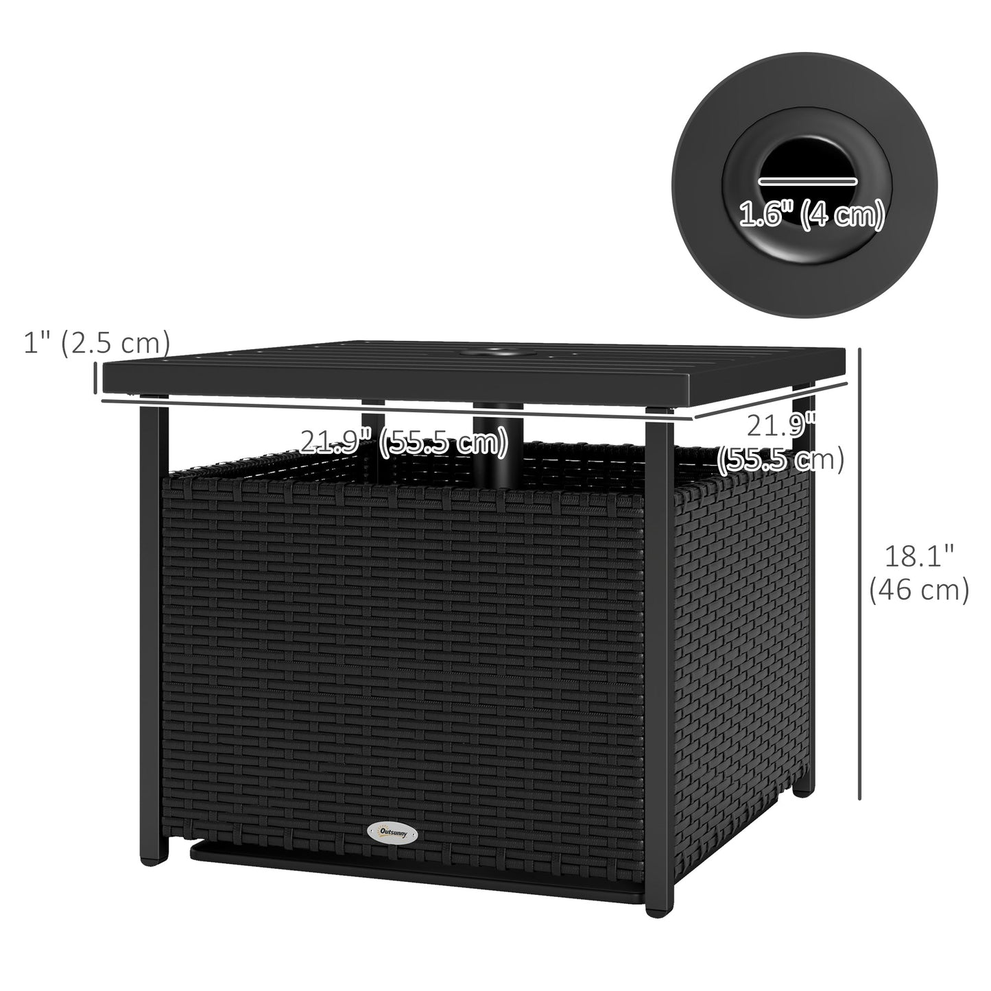 21.75" Outdoor Rattan Wicker Patio Coffee Table with Umbrella Hole, Patio Side Table with Slatted Metal Top, Suitable for Garden, Backyard, Black