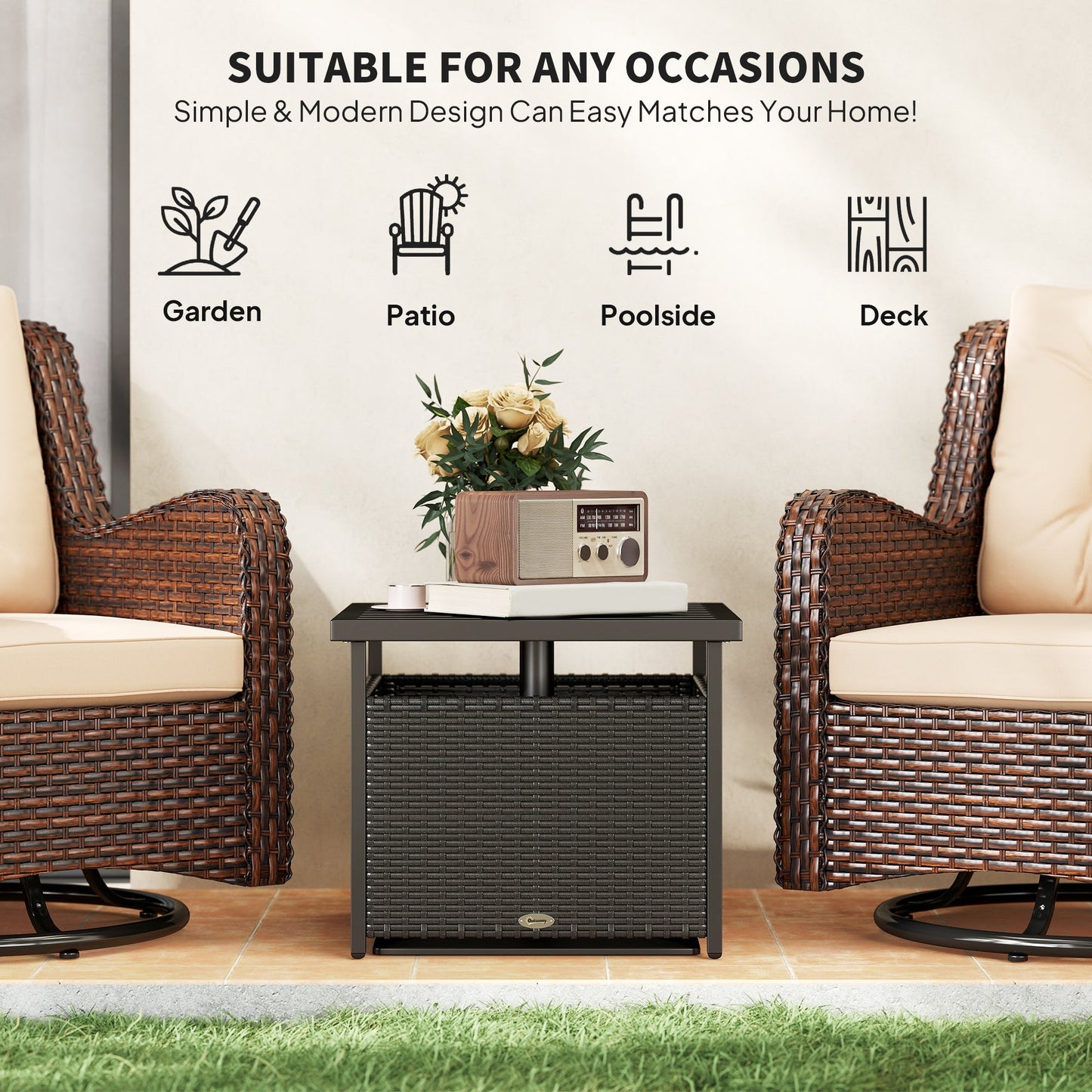 21.75" Outdoor Rattan Wicker Patio Coffee Table with Umbrella Hole, Patio Side Table with Slatted Metal Top, Suitable for Garden, Backyard, Black
