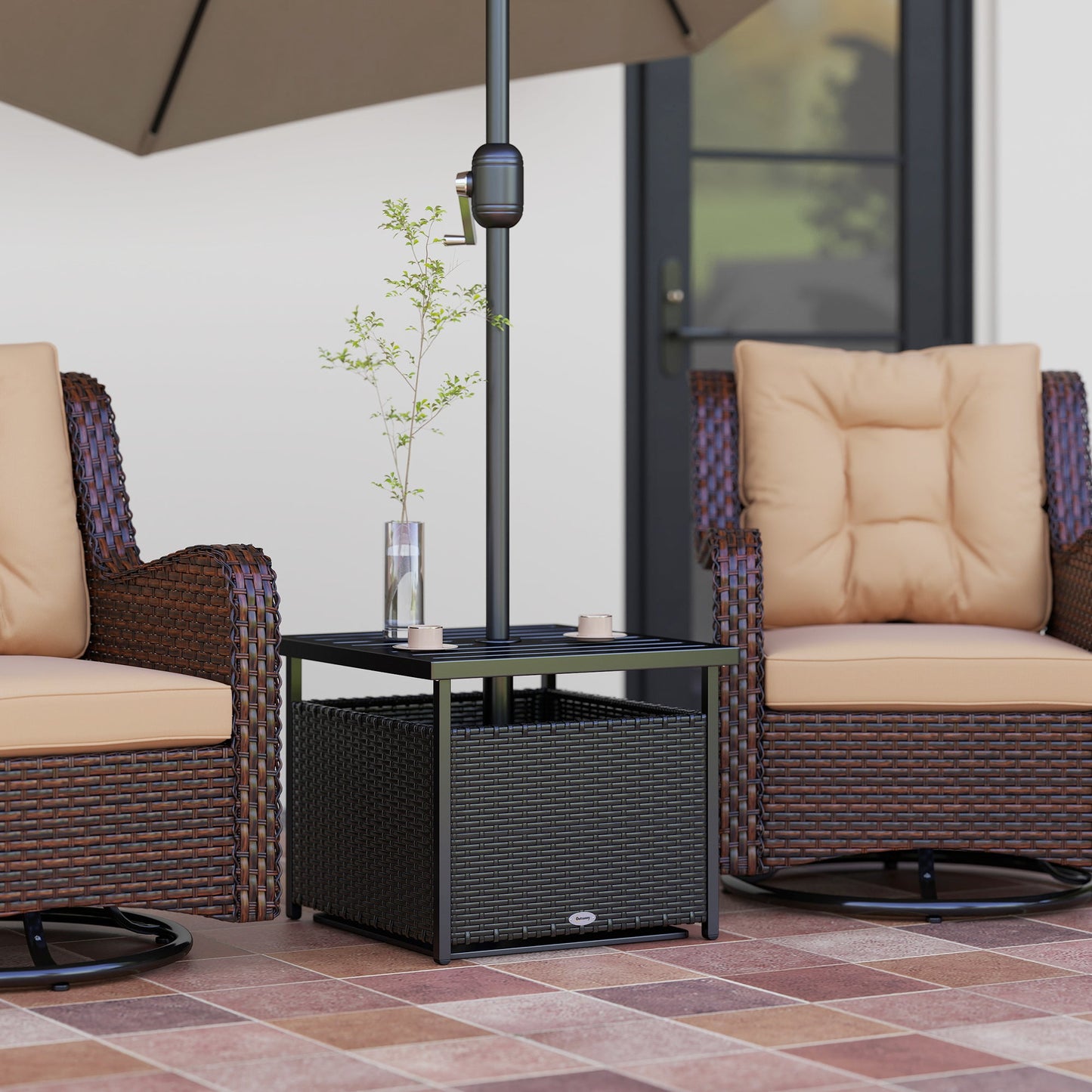 21.75" Outdoor Rattan Wicker Patio Coffee Table with Umbrella Hole, Patio Side Table with Slatted Metal Top, Suitable for Garden, Backyard, Black