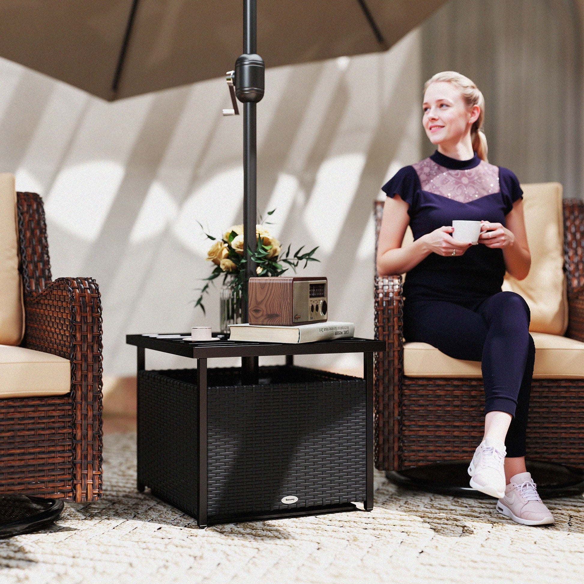 21.75" Outdoor Rattan Wicker Patio Coffee Table with Umbrella Hole, Patio Side Table with Slatted Metal Top, Suitable for Garden, Backyard, Black
