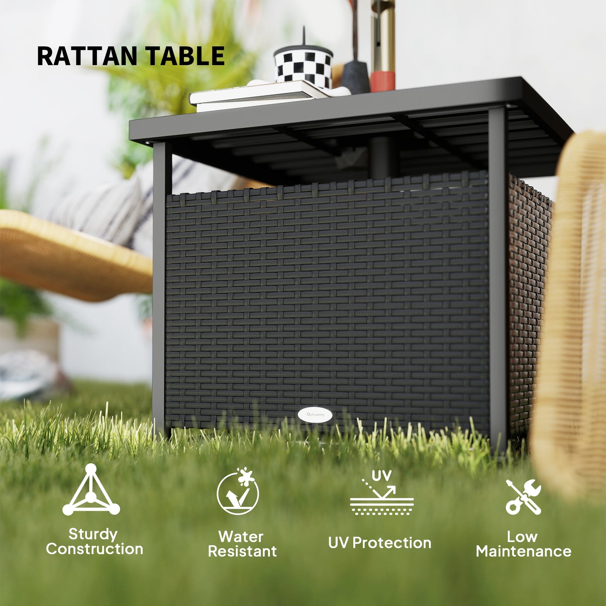 21.75" Outdoor Rattan Wicker Patio Coffee Table with Umbrella Hole, Patio Side Table with Slatted Metal Top, Suitable for Garden, Backyard, Black