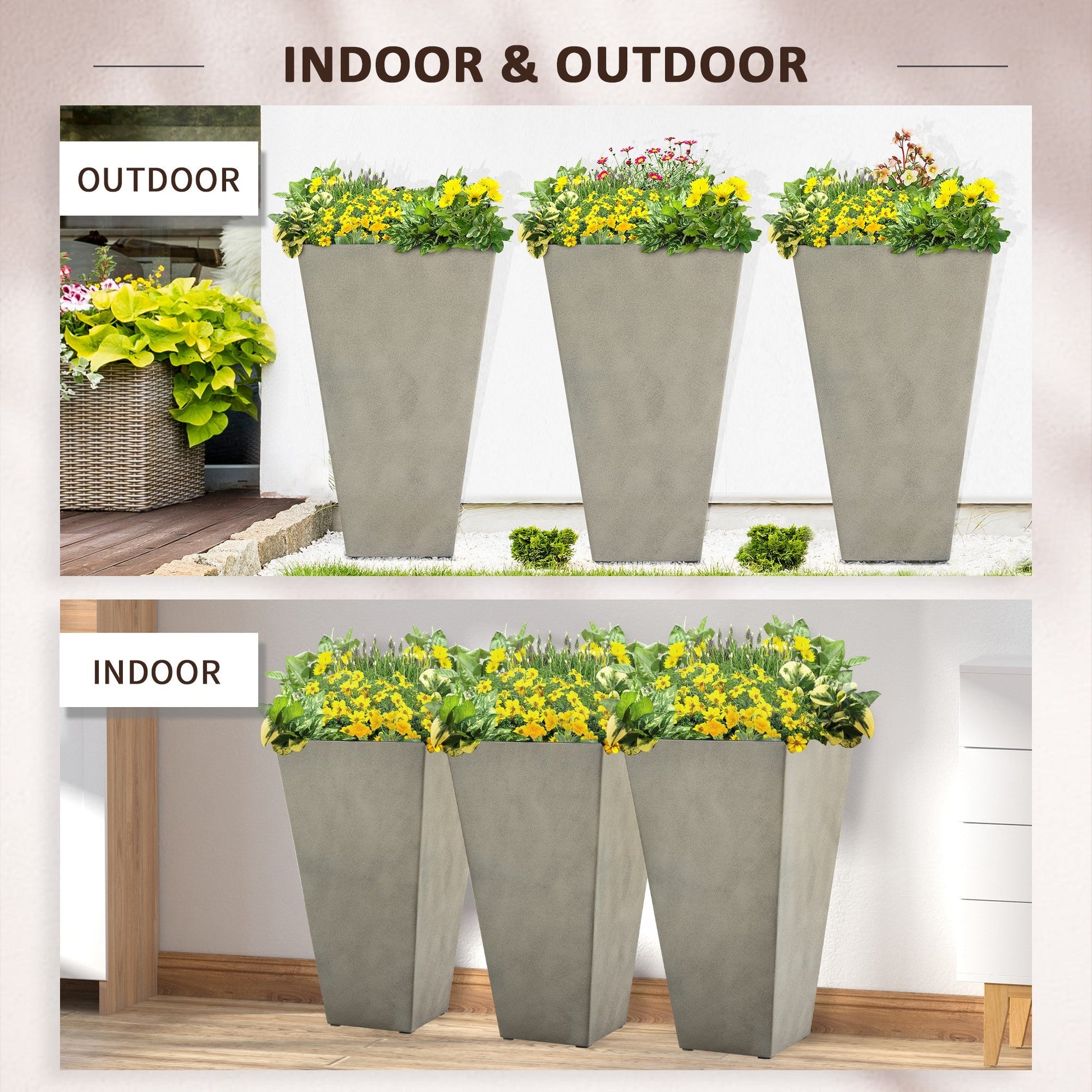 28" Tall Planters for Outdoor Plants with Drainage Hole, Set of 3 Taper Indoor Outdoor Planters, Large Plastic Garden Flower Pots for Porch, Patio, Yard, Mixed Grey