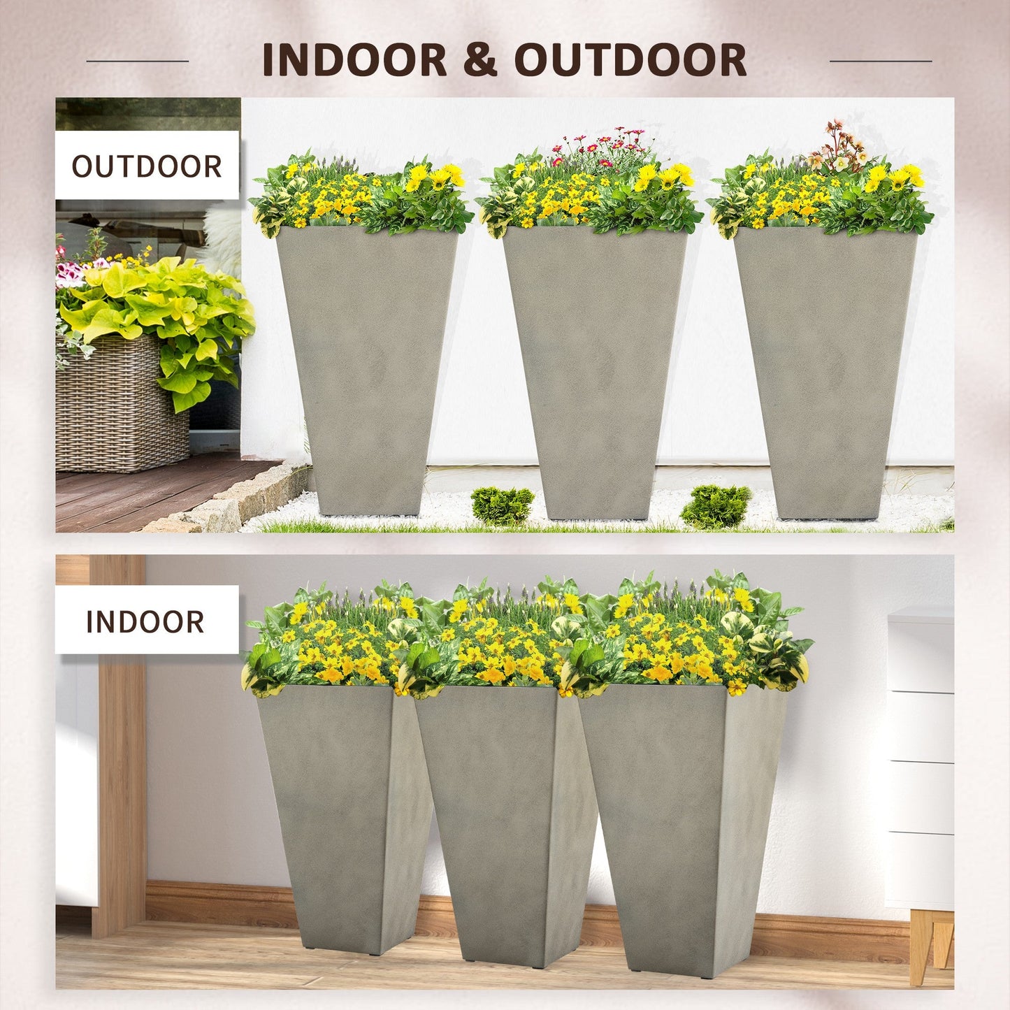 28" Tall Planters for Outdoor Plants with Drainage Hole, Set of 3 Taper Indoor Outdoor Planters, Large Plastic Garden Flower Pots for Porch, Patio, Yard, Mixed Grey