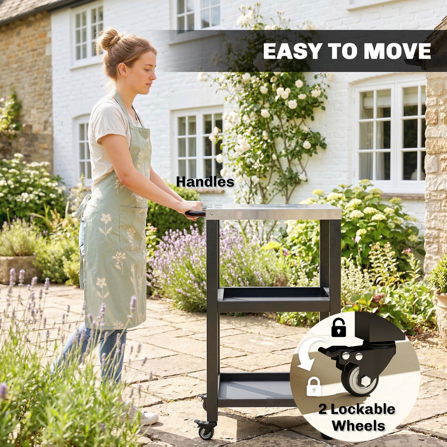 Outdoor Grill Cart with Stainless Steel Tabletop, 2 Shelves, Rolling Prep Dining Cart with Lockable Wheels, Bottle Opener, Pizza Oven Stand Table for Kitchen Prep, Black