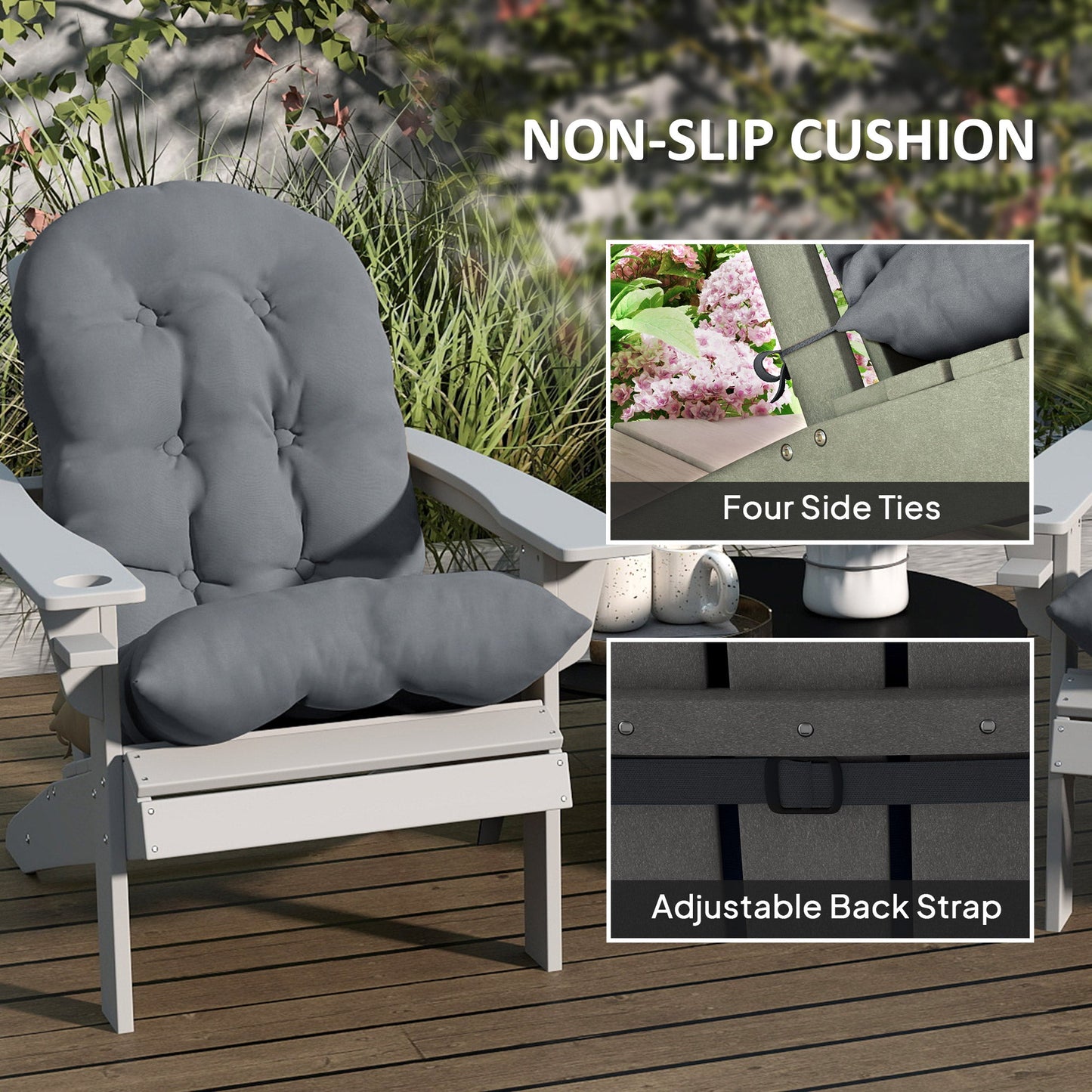 Adirondack Chair Cushions Set of 2, Tufted Lawn Chair Cushions, High Back Patio Chair Cushions with Ties, Non-Slip Muskoka Chair Cushions, Grey