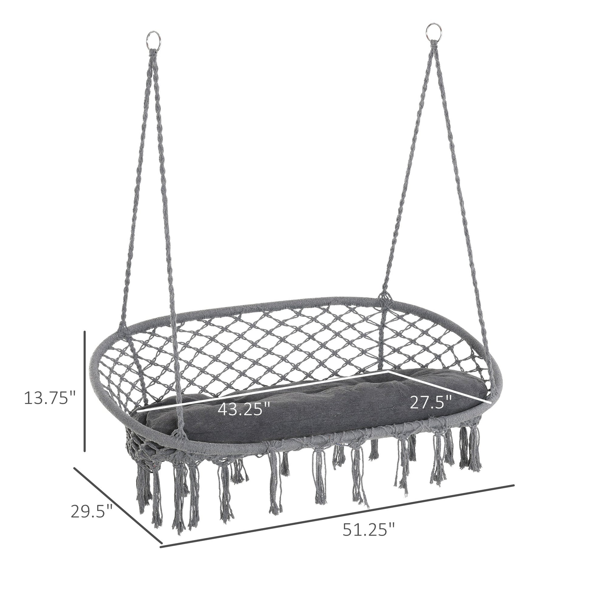 Patio Hammock Chair 2 Seat, Hanging Rope Hammock Swing Chair with Metal Frame and Cushion, Large Macrame Seat for Indoor and Outdoor 396 lbs Capacity, Dark Grey