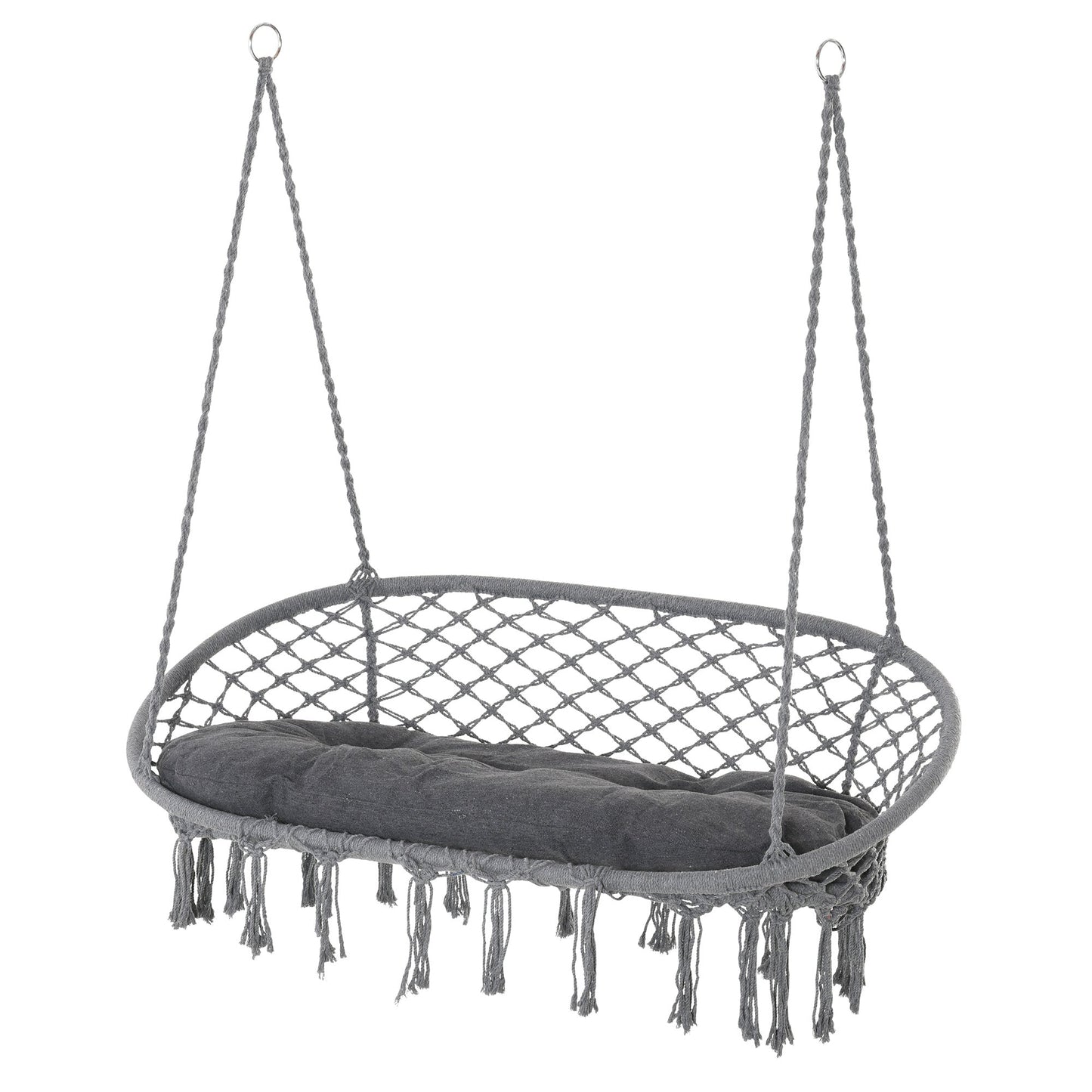 Patio Hammock Chair 2 Seat, Hanging Rope Hammock Swing Chair with Metal Frame and Cushion, Large Macrame Seat for Indoor and Outdoor 396 lbs Capacity, Dark Grey
