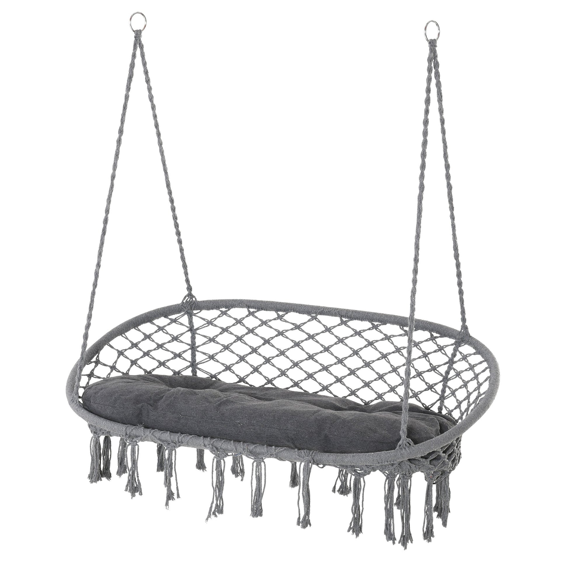Patio Hammock Chair 2 Seat, Hanging Rope Hammock Swing Chair with Metal Frame and Cushion, Large Macrame Seat for Indoor and Outdoor 396 lbs Capacity, Dark Grey
