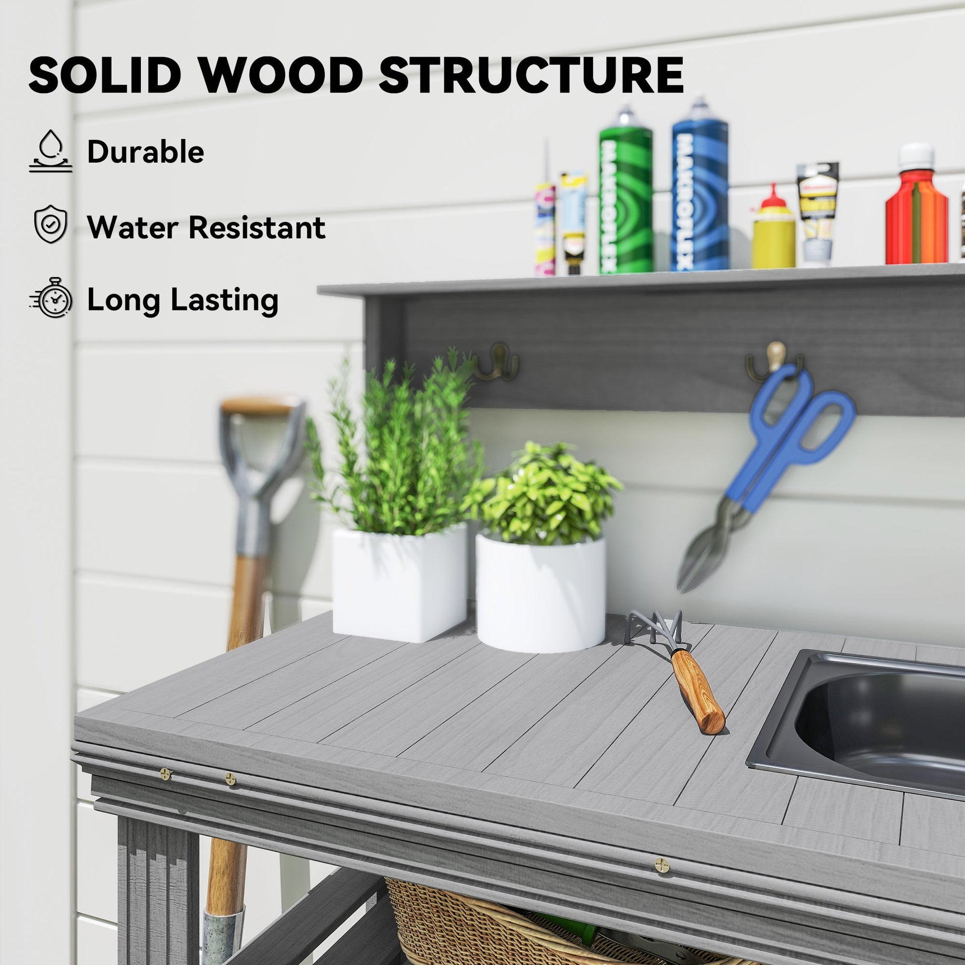 Outdoor Potting Bench Table with Faucet, Removable Sink, Hooks and Storage Shelves, Wood Work Bench Workstation for Greenhouse, Garden, Patio, Grey
