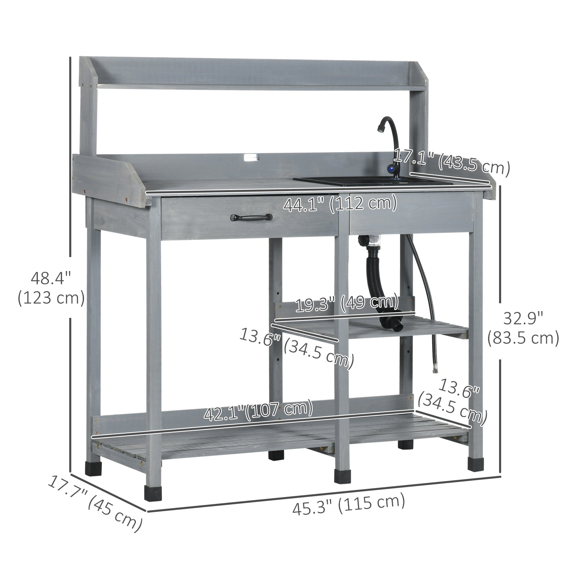 Potting Bench Table Garden Work Bench Workstation with Drawer, Removable Sink, Storage Shelves and Hooks for Patio, Courtyards, Balcony