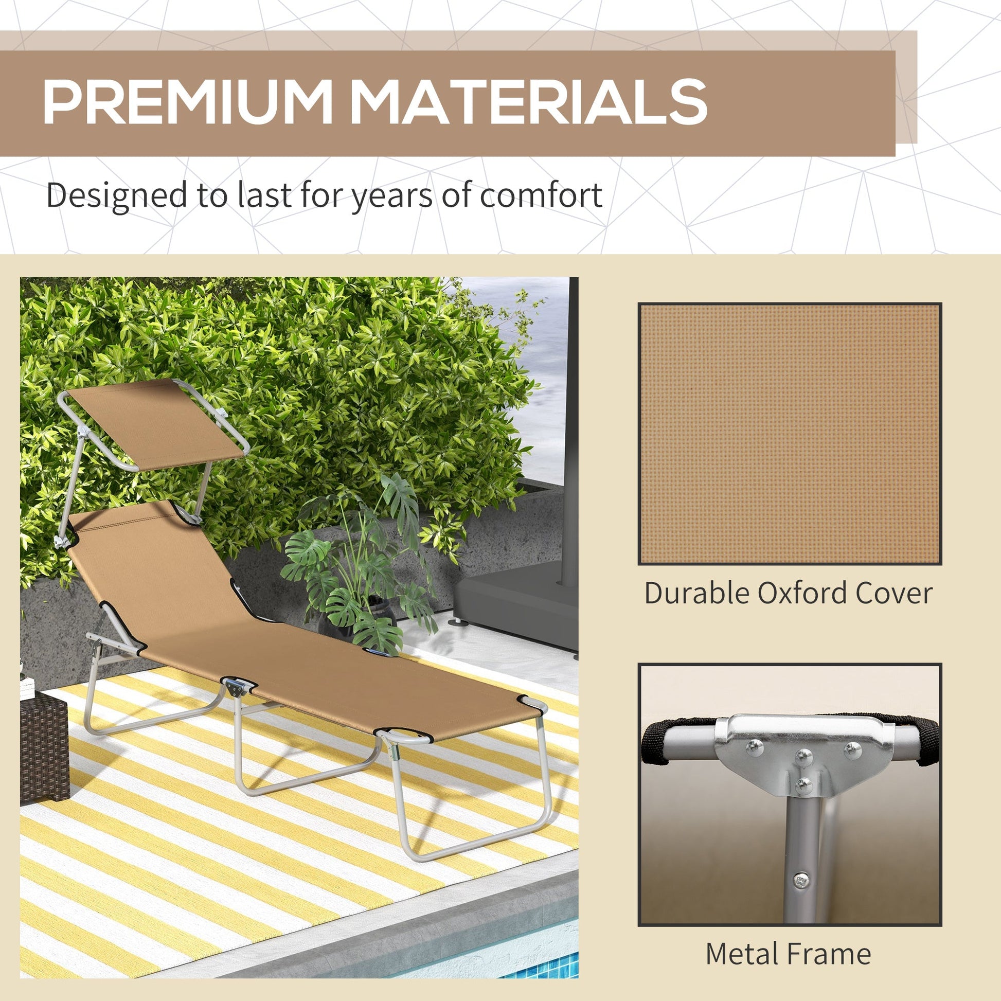 Outdoor Lounge Chair, Adjustable Folding Chaise Lounge, Tanning Chair with Sun Shade for Beach, Camping, Hiking, Backyard, Brown