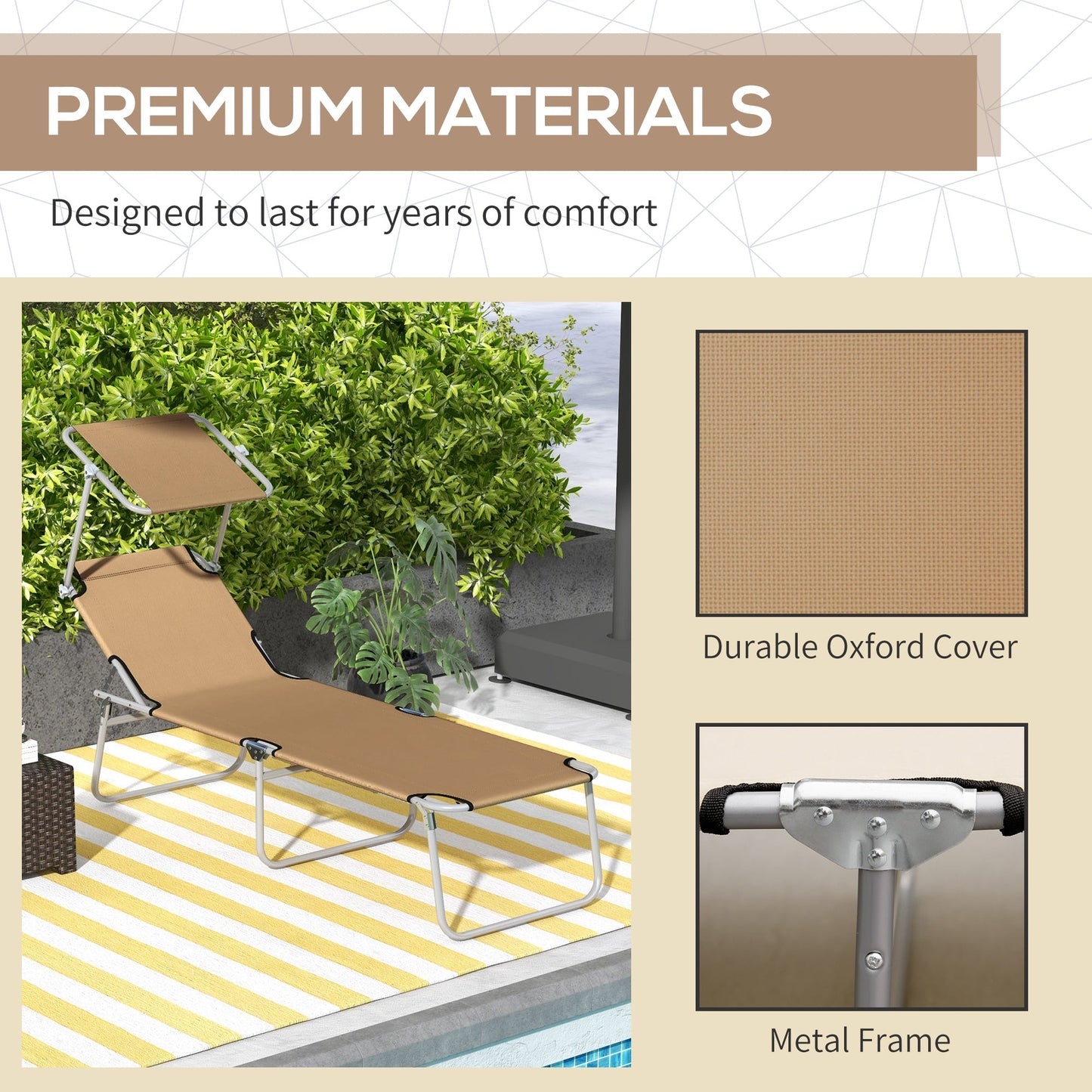 Outdoor Lounge Chair, Adjustable Folding Chaise Lounge, Tanning Chair with Sun Shade for Beach, Camping, Hiking, Backyard, Brown