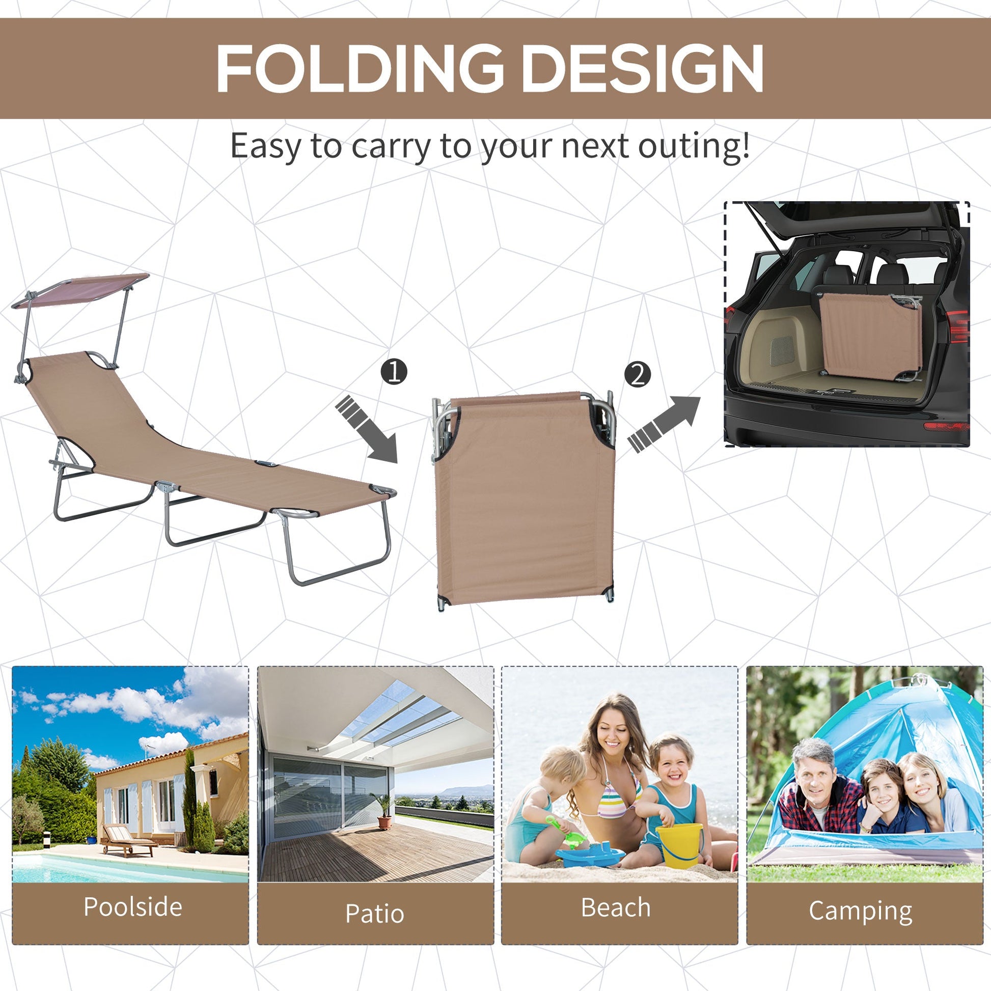 Outdoor Lounge Chair, Adjustable Folding Chaise Lounge, Tanning Chair with Sun Shade for Beach, Camping, Hiking, Backyard, Brown