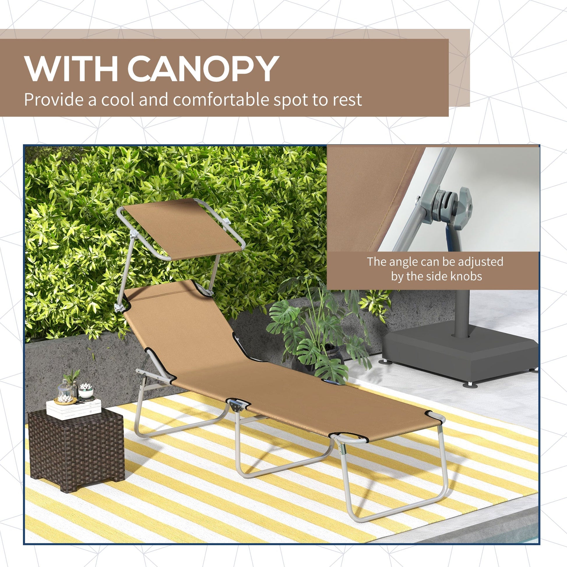 Outdoor Lounge Chair, Adjustable Folding Chaise Lounge, Tanning Chair with Sun Shade for Beach, Camping, Hiking, Backyard, Brown