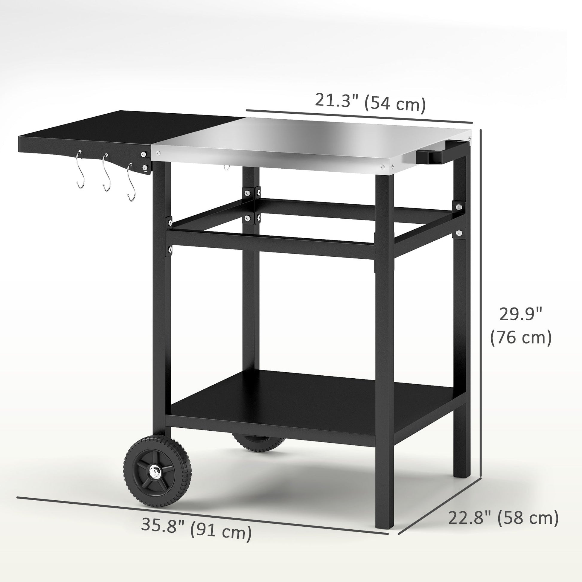 Outdoor Grill Dining Cart with Stainless Steel Top and Foldable Side Table, BBQ Movable Pizza Oven Stand Food Prep Table Trolley with Hooks Shelf Cover, Black