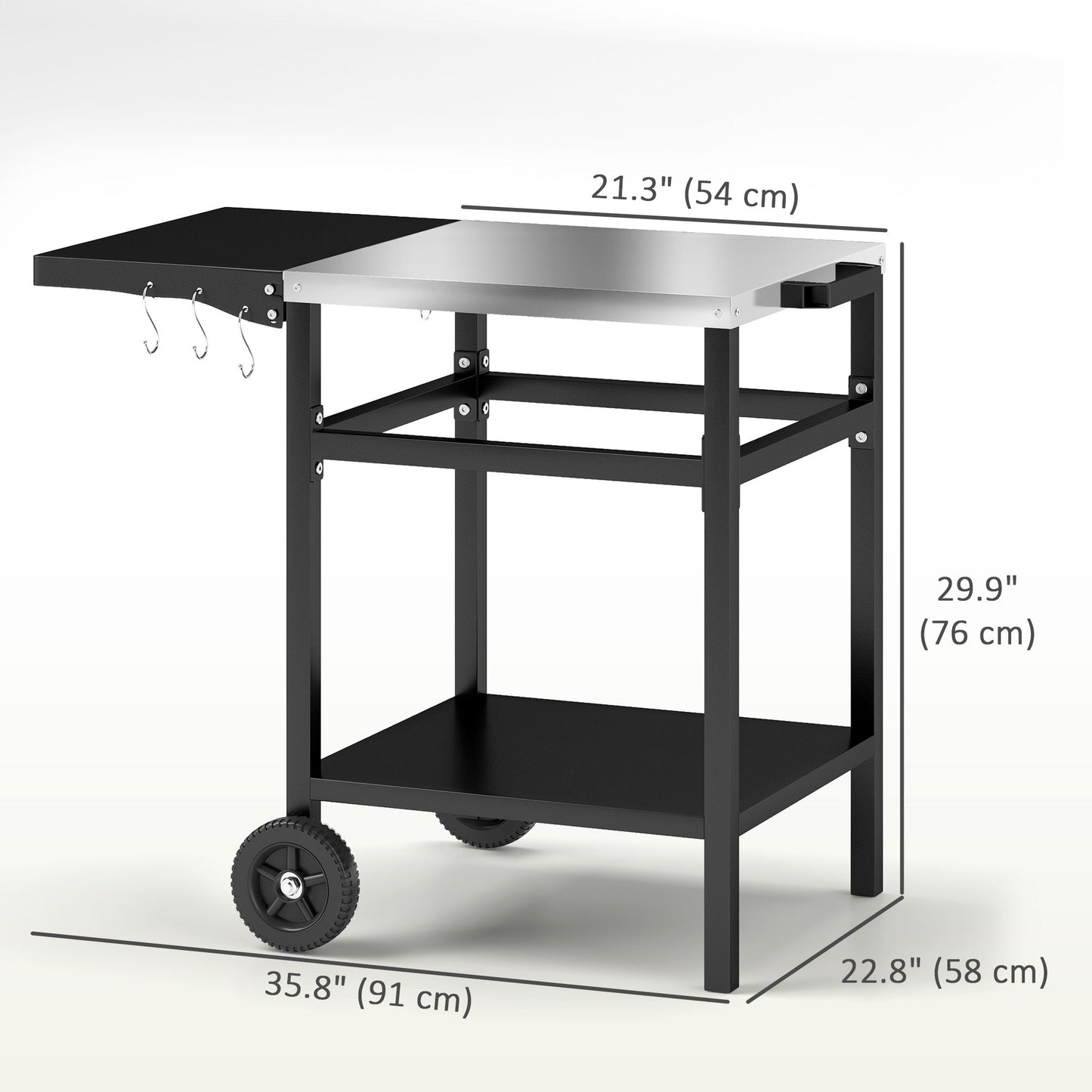 Outdoor Grill Dining Cart with Stainless Steel Top and Foldable Side Table, BBQ Movable Pizza Oven Stand Food Prep Table Trolley with Hooks Shelf Cover, Black