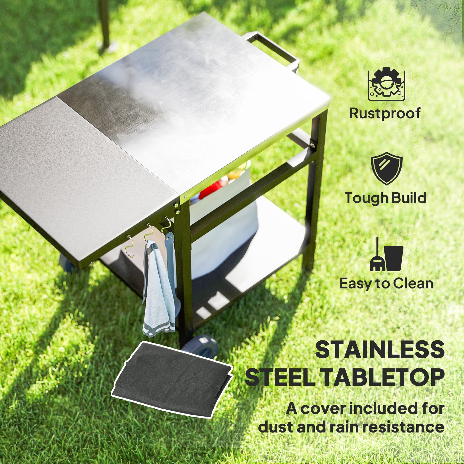 Outdoor Grill Dining Cart with Stainless Steel Top and Foldable Side Table, BBQ Movable Pizza Oven Stand Food Prep Table Trolley with Hooks Shelf Cover, Black