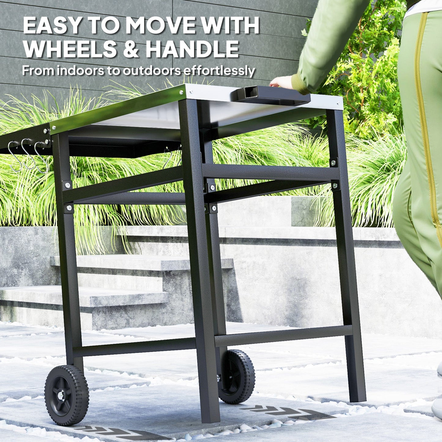 Outdoor Grill Dining Cart with Stainless Steel Top and Foldable Side Table, BBQ Movable Pizza Oven Stand Food Prep Table Trolley with Hooks Shelf Cover, Black