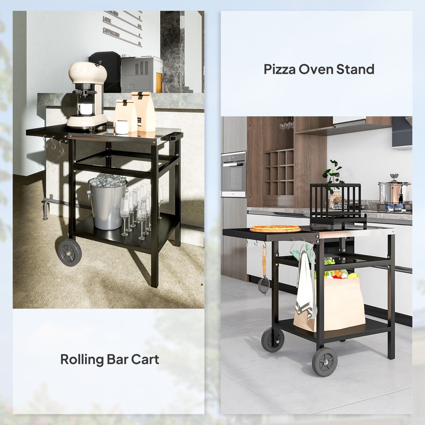Outdoor Grill Dining Cart with Stainless Steel Top and Foldable Side Table, BBQ Movable Pizza Oven Stand Food Prep Table Trolley with Hooks Shelf Cover, Black