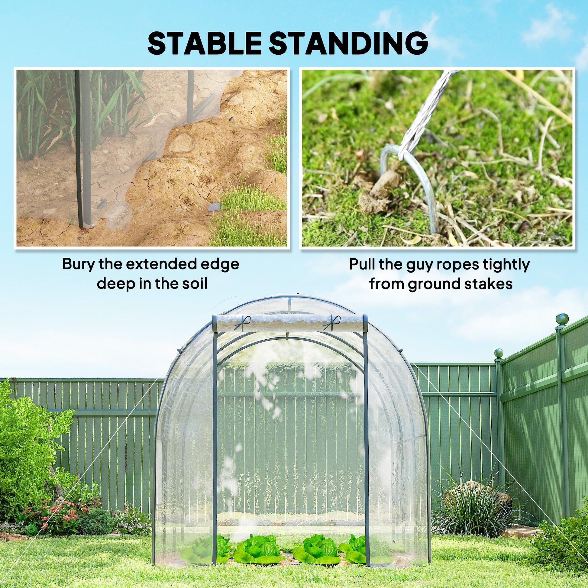 3 x 2 x 2 m Polytunnel Greenhouse with Roll-up Door and Mesh Window, Walk-in Grow House Tent with Plastic Cover and Steel Frame, Clear