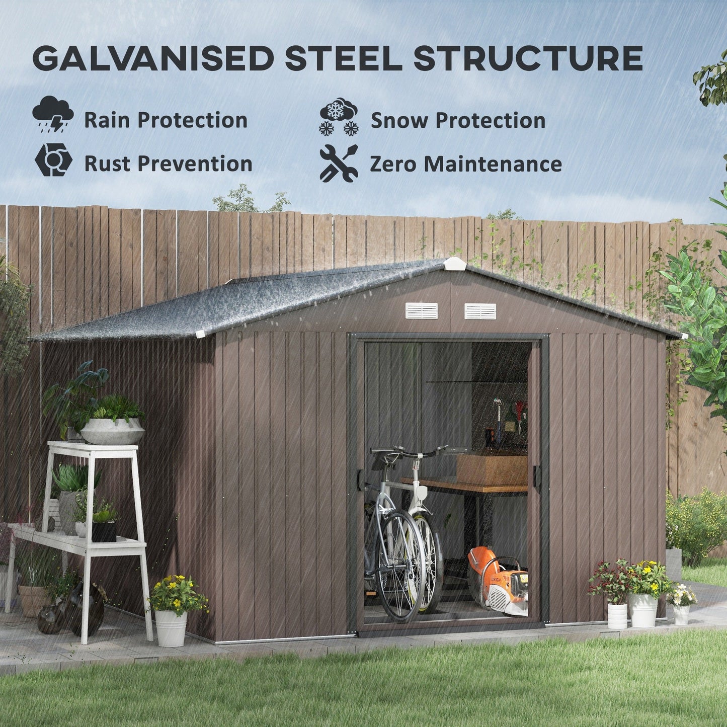 9' x 11' Garden Storage Shed with Foundation Kit, Metal Tool Storage House with Double Doors for Outdoor Patio Yard, Brown