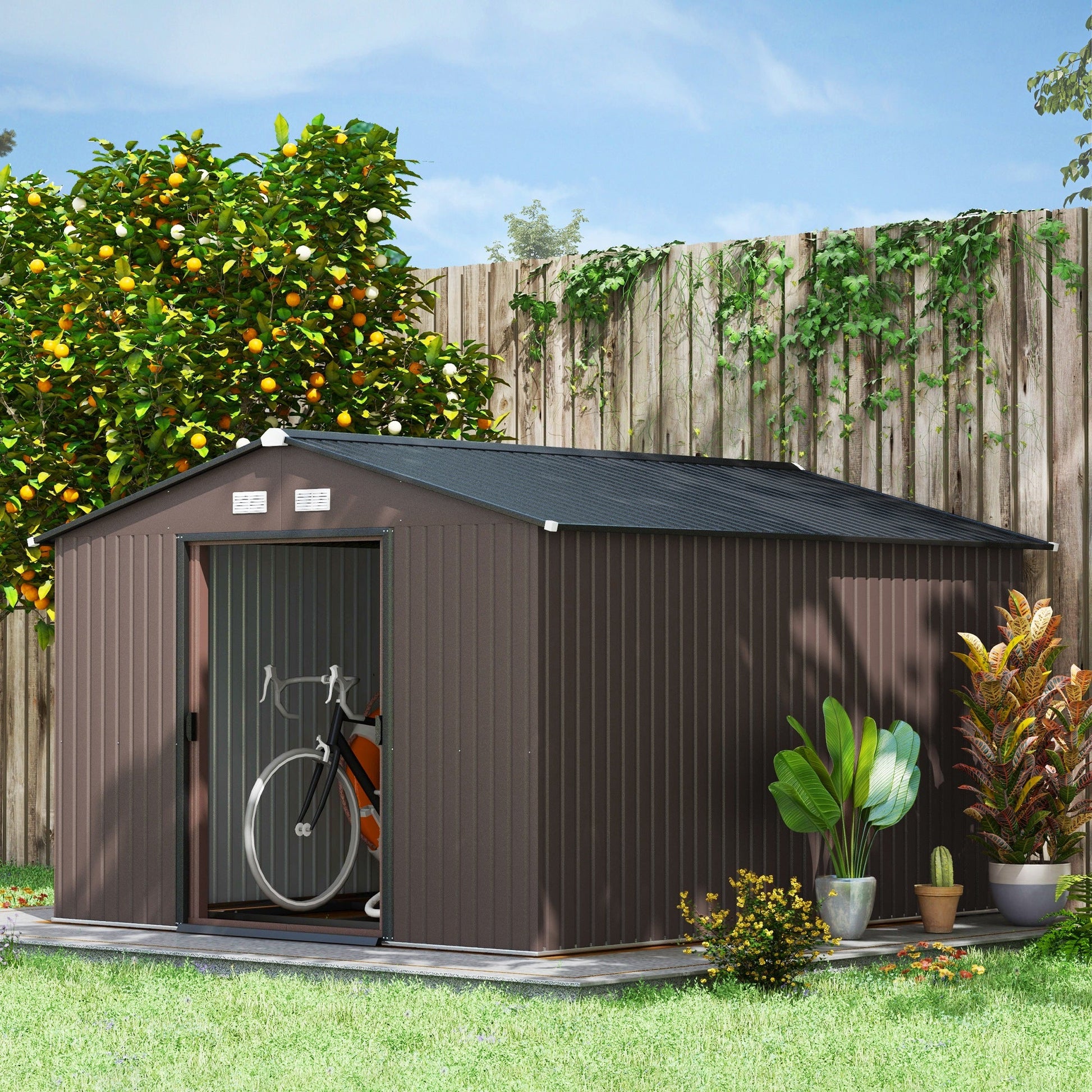 9' x 11' Garden Storage Shed with Foundation Kit, Metal Tool Storage House with Double Doors for Outdoor Patio Yard, Brown