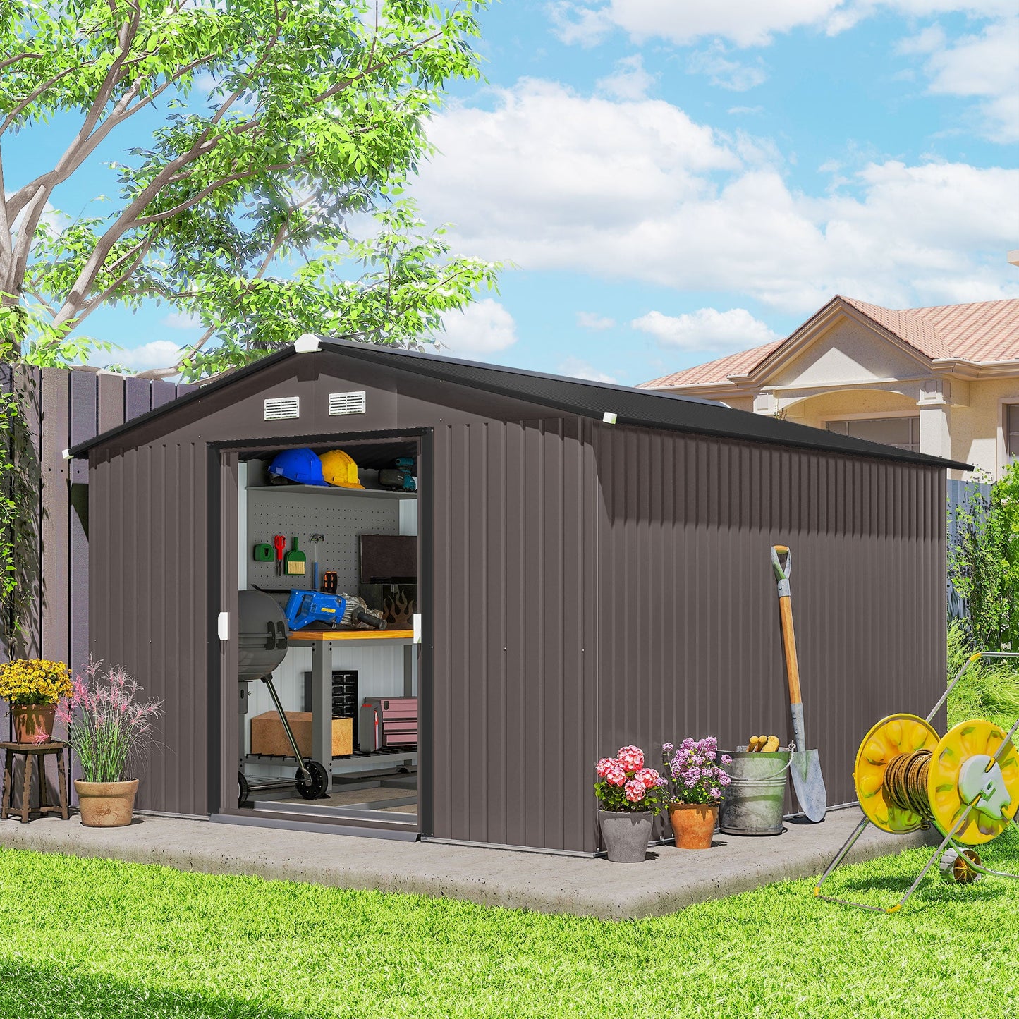 9' x 11' Garden Storage Shed with Foundation Kit, Metal Tool Storage House with Double Doors for Outdoor Patio Yard, Brown