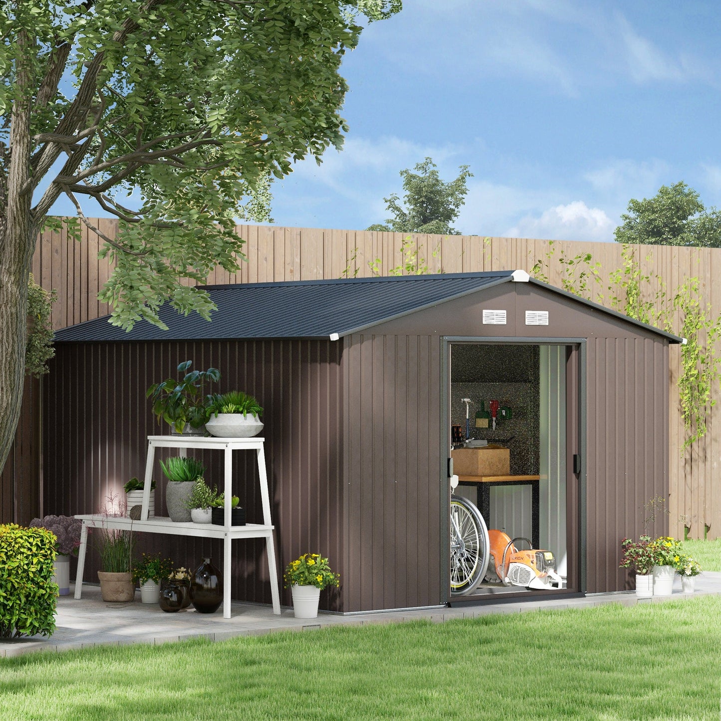 9' x 11' Garden Storage Shed with Foundation Kit, Metal Tool Storage House with Double Doors for Outdoor Patio Yard, Brown