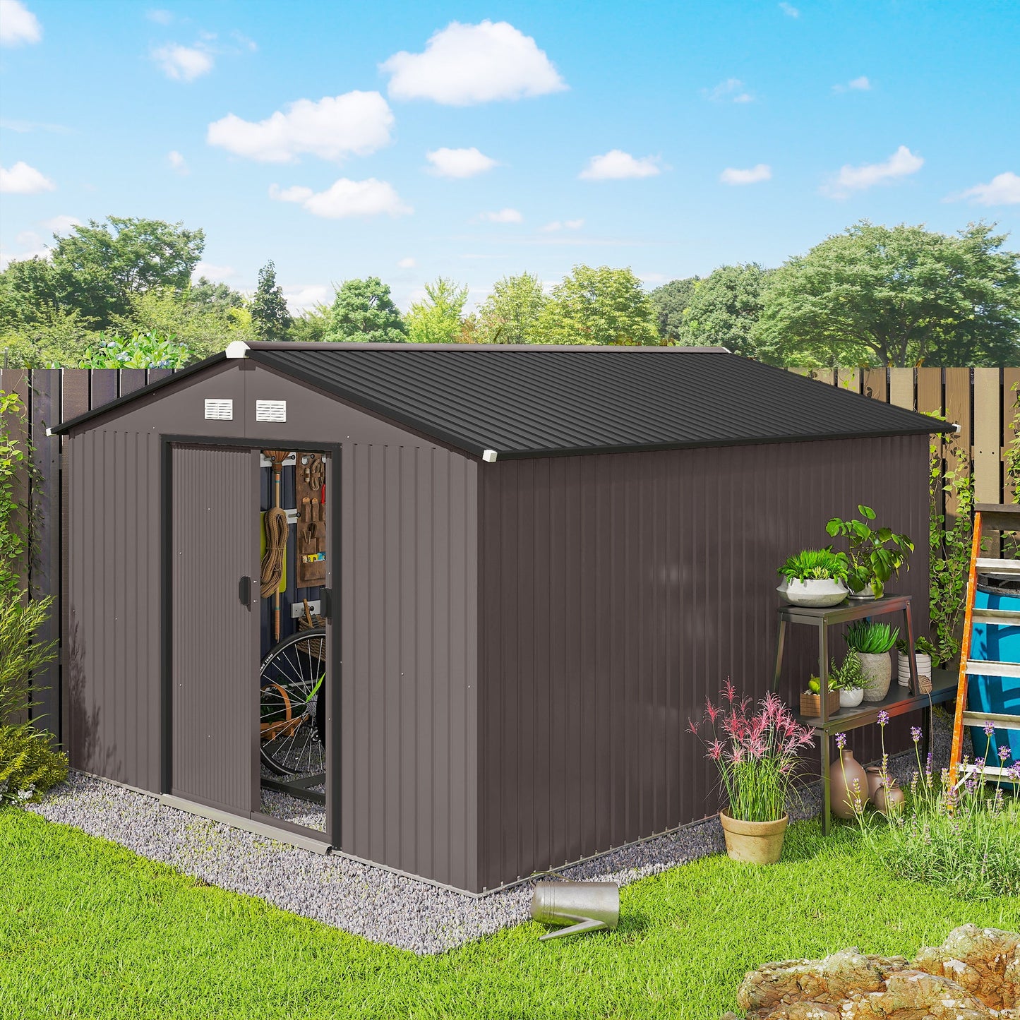 9' x 11' Garden Storage Shed with Foundation Kit, Metal Tool Storage House with Double Doors for Outdoor Patio Yard, Brown