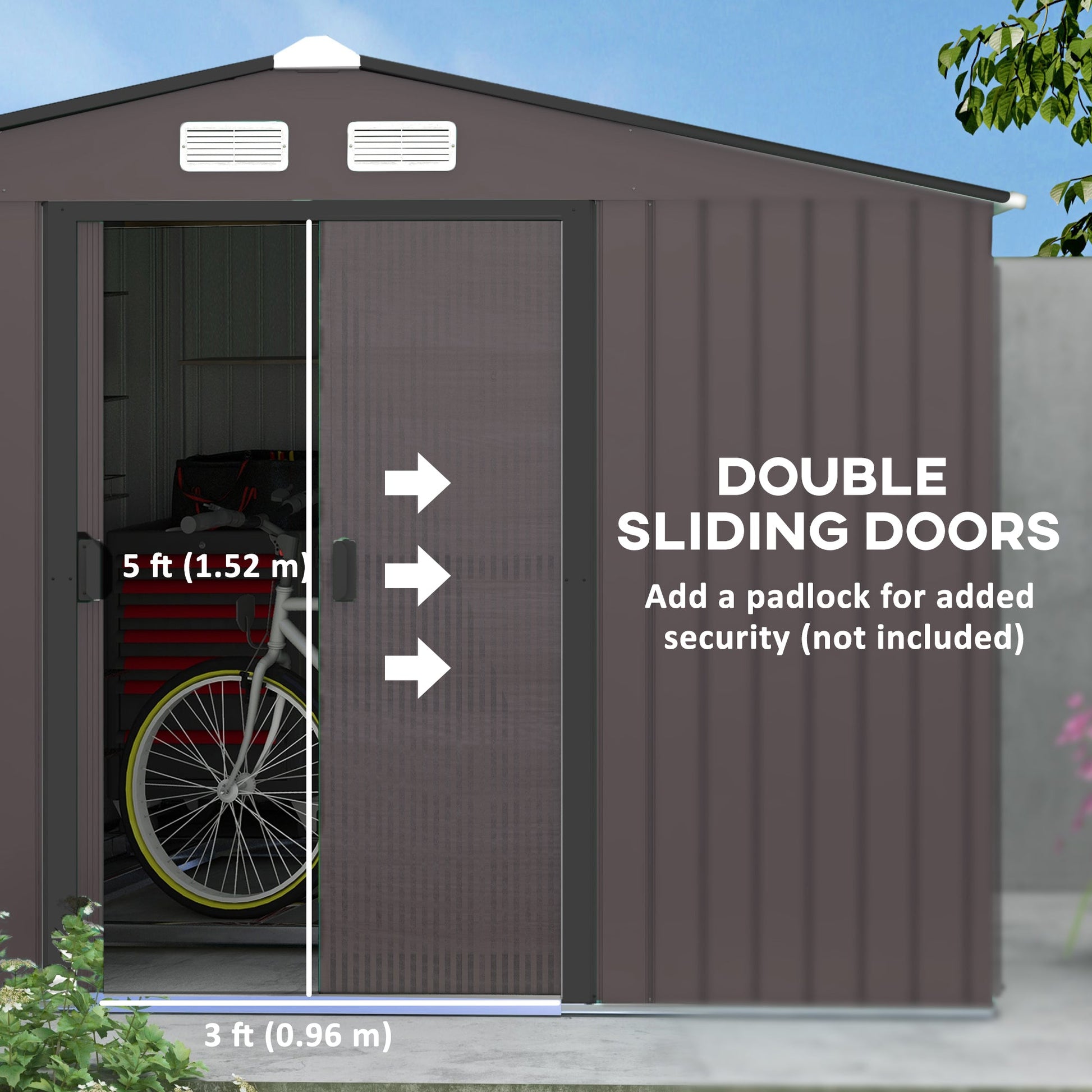 9' x 11' Garden Storage Shed with Foundation Kit, Metal Tool Storage House with Double Doors for Outdoor Patio Yard, Brown