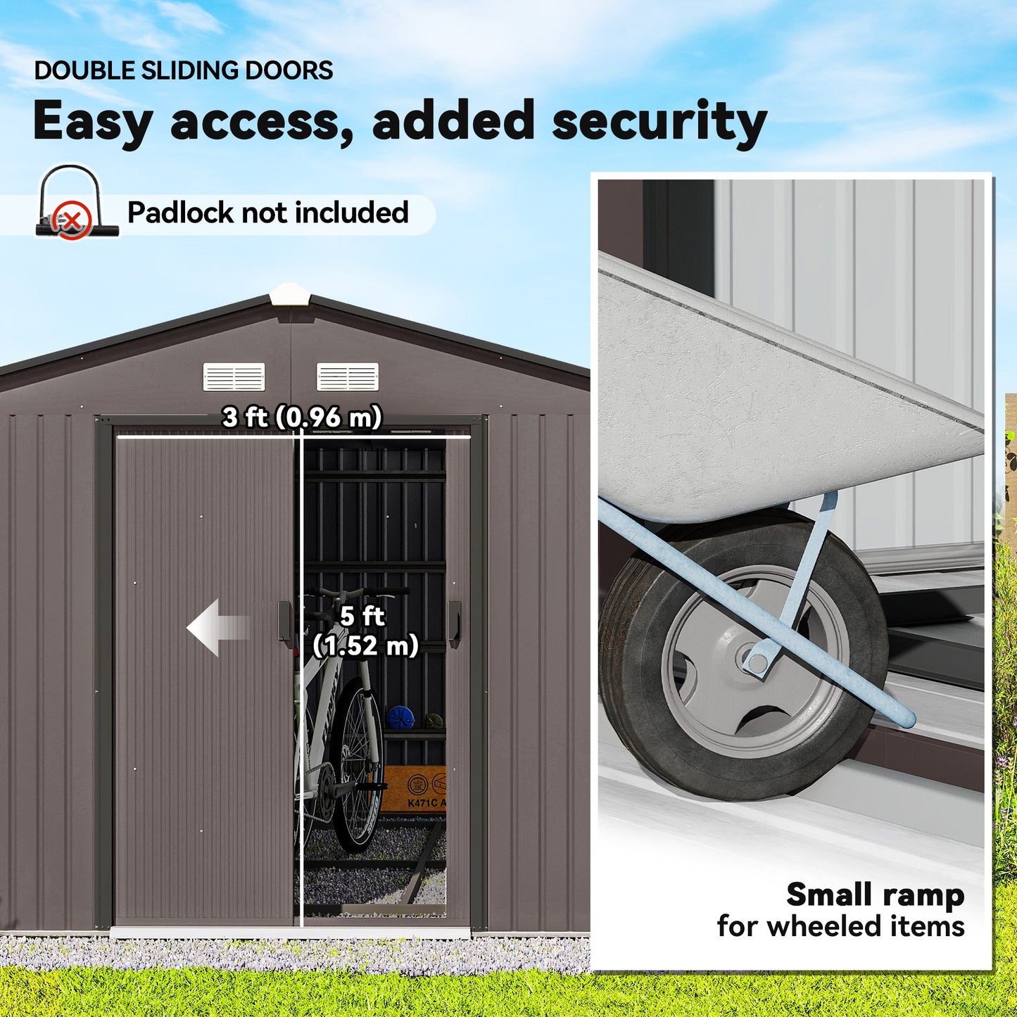 9' x 11' Garden Storage Shed with Foundation Kit, Metal Tool Storage House with Double Doors for Outdoor Patio Yard, Brown