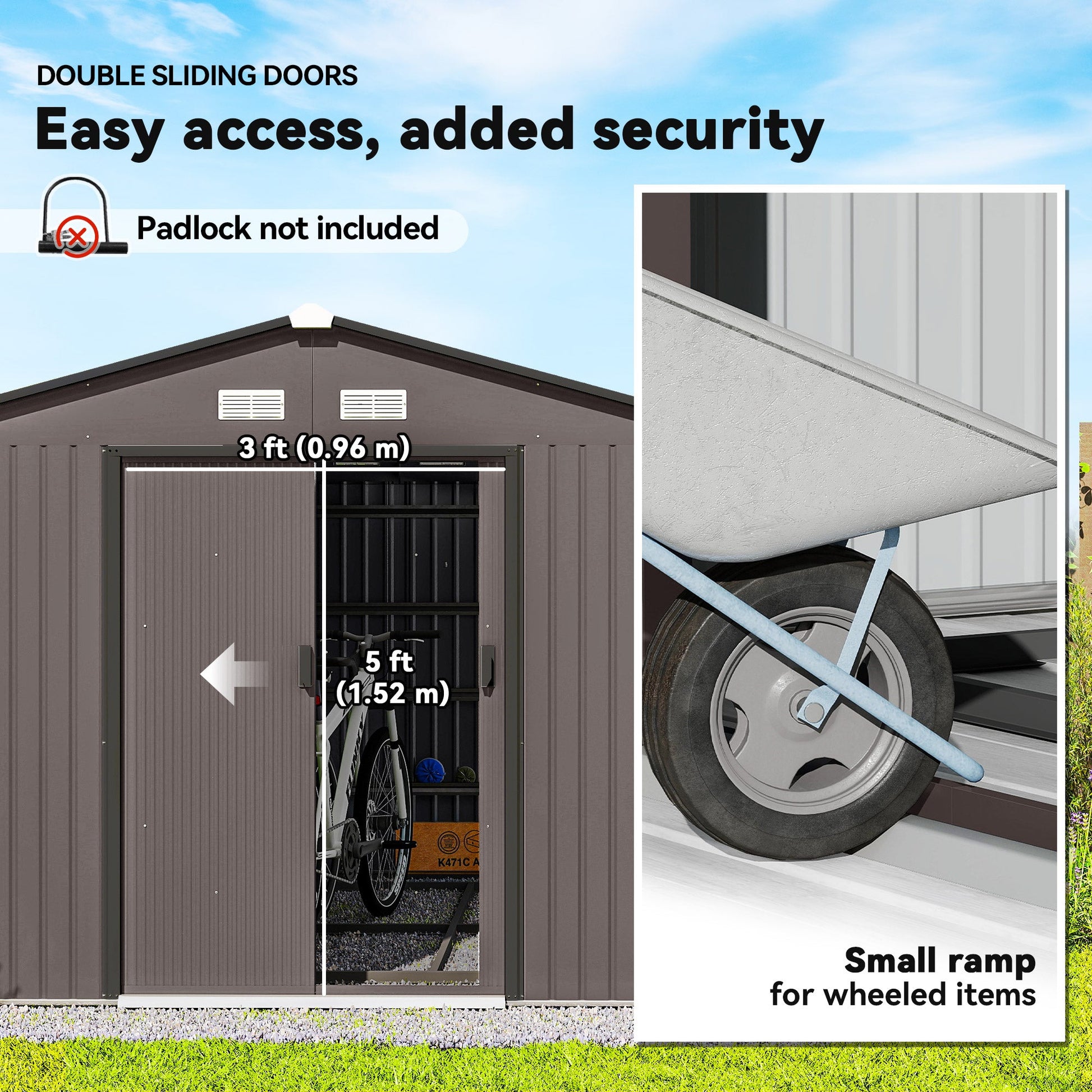 9' x 11' Garden Storage Shed with Foundation Kit, Metal Tool Storage House with Double Doors for Outdoor Patio Yard, Brown
