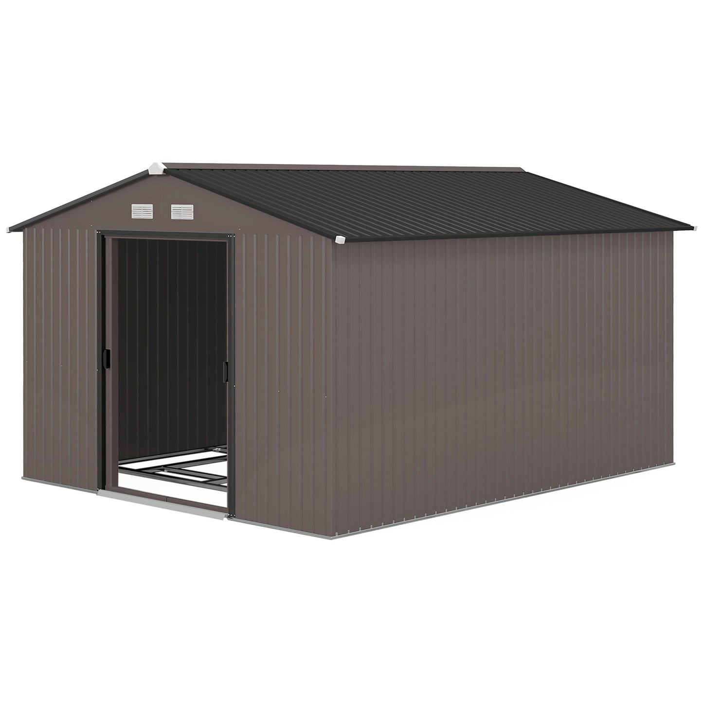 9' x 11' Garden Storage Shed with Foundation Kit, Metal Tool Storage House with Double Doors for Outdoor Patio Yard, Brown