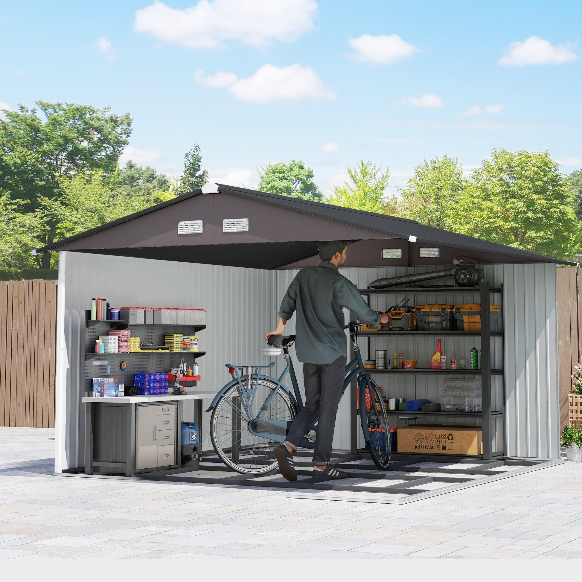 9' x 11' Garden Storage Shed with Foundation Kit, Metal Tool Storage House with Double Doors for Outdoor Patio Yard, Brown