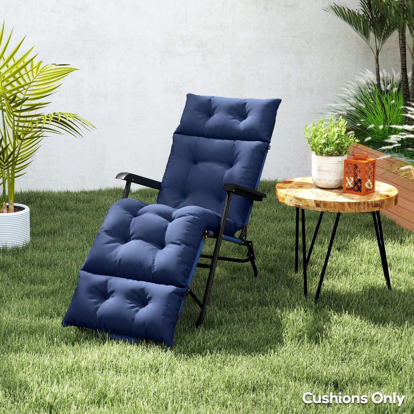 Patio Lounge Chair Cushion, Tufted Thick Outdoor Chaise Lounge Cushion with Ties, Lounge Chair Pad Replacement for Lawn Pool Deck, 74.8" x 22" x 4", Navy Blue