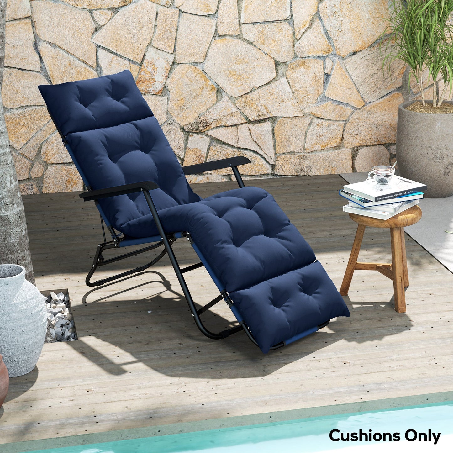 Patio Lounge Chair Cushion, Tufted Thick Outdoor Chaise Lounge Cushion with Ties, Lounge Chair Pad Replacement for Lawn Pool Deck, 74.8" x 22" x 4", Navy Blue
