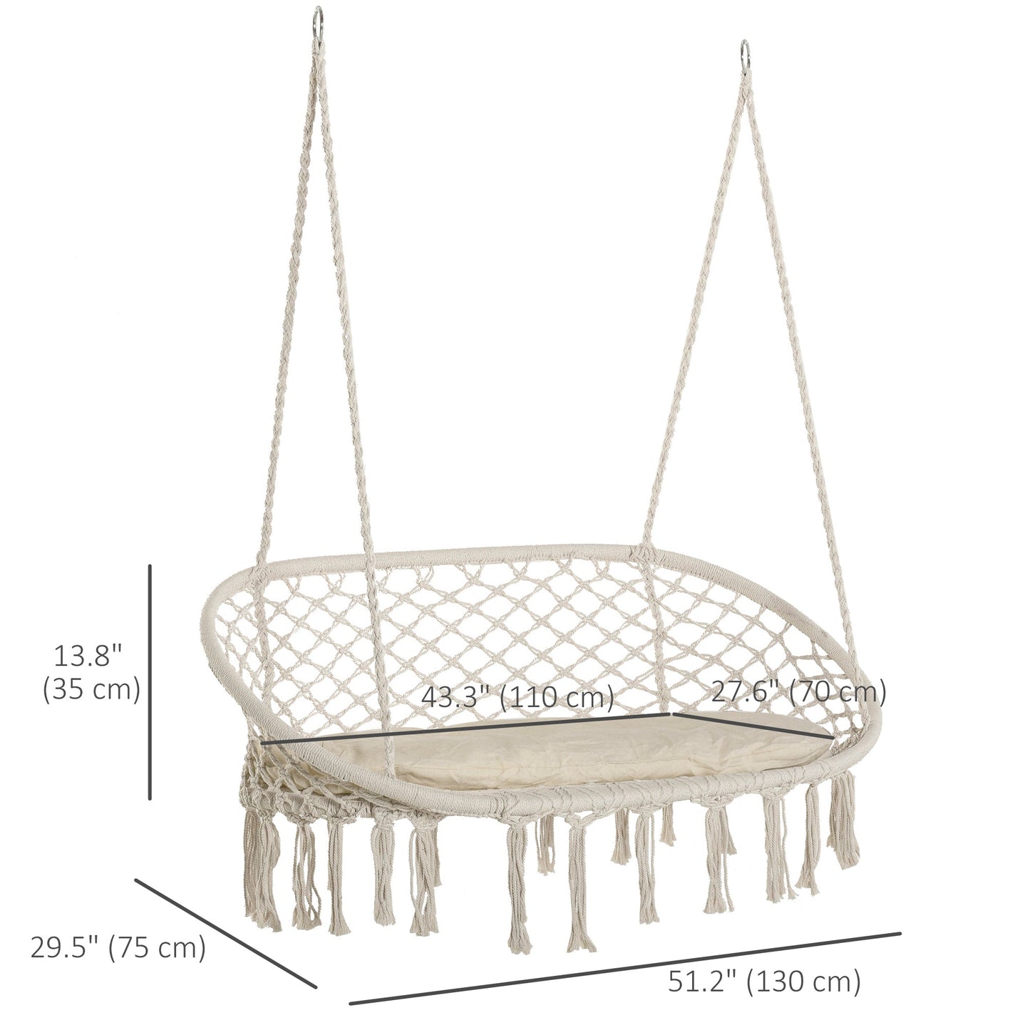 Patio Hammock Chair 2 Seat, Hanging Rope Hammock Swing Chair with Metal Frame and Cushion, Large Macrame Seat for Indoor and Outdoor 396 lbs Capacity, Cream White