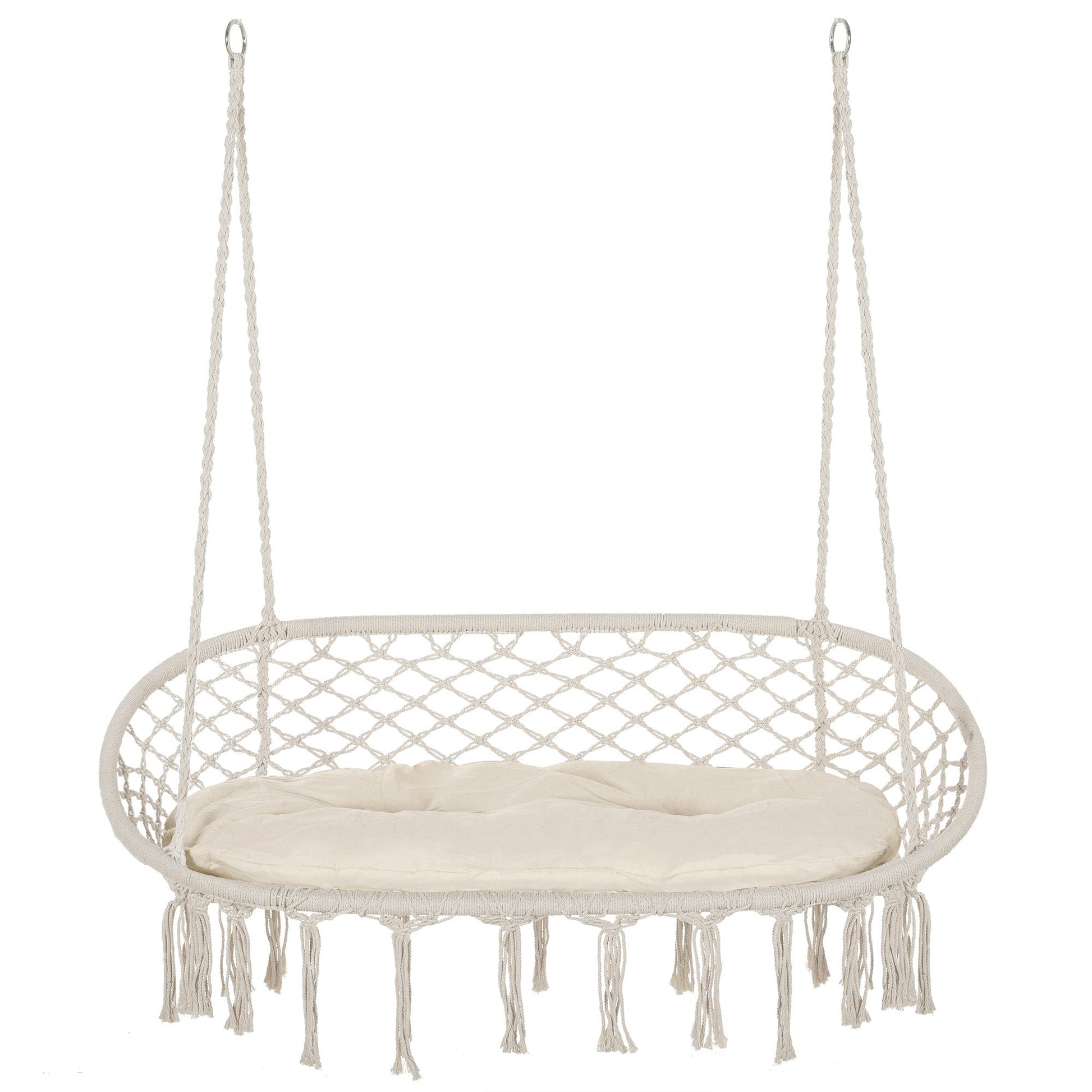 Patio Hammock Chair 2 Seat, Hanging Rope Hammock Swing Chair with Metal Frame and Cushion, Large Macrame Seat for Indoor and Outdoor 396 lbs Capacity, Cream White