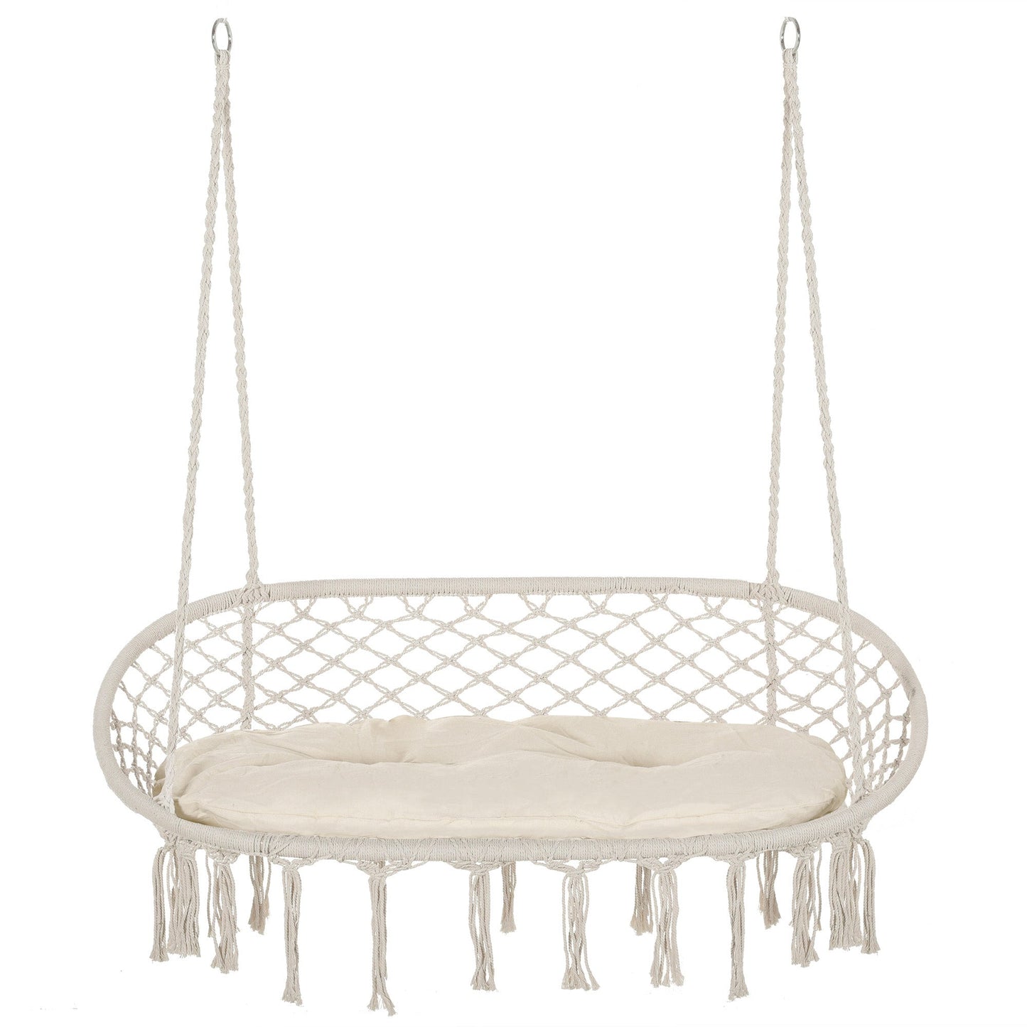 Patio Hammock Chair 2 Seat, Hanging Rope Hammock Swing Chair with Metal Frame and Cushion, Large Macrame Seat for Indoor and Outdoor 396 lbs Capacity, Cream White