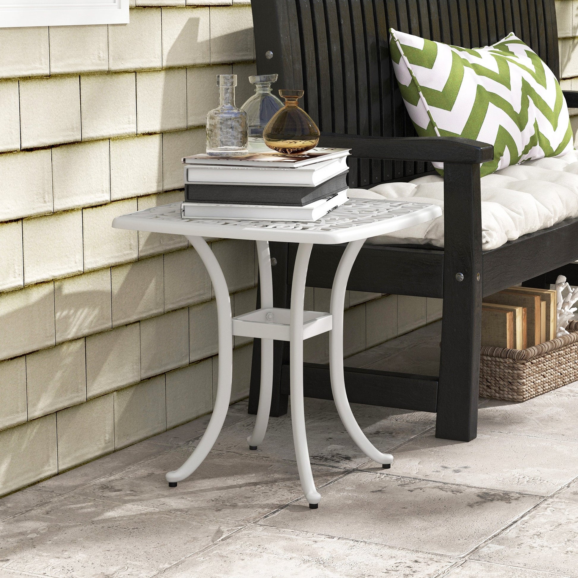 Cast Aluminum Outdoor Side Table, 21" Square Patio End Table with Umbrella Hole, Bistro Table for Garden, Balcony, Poolside, White