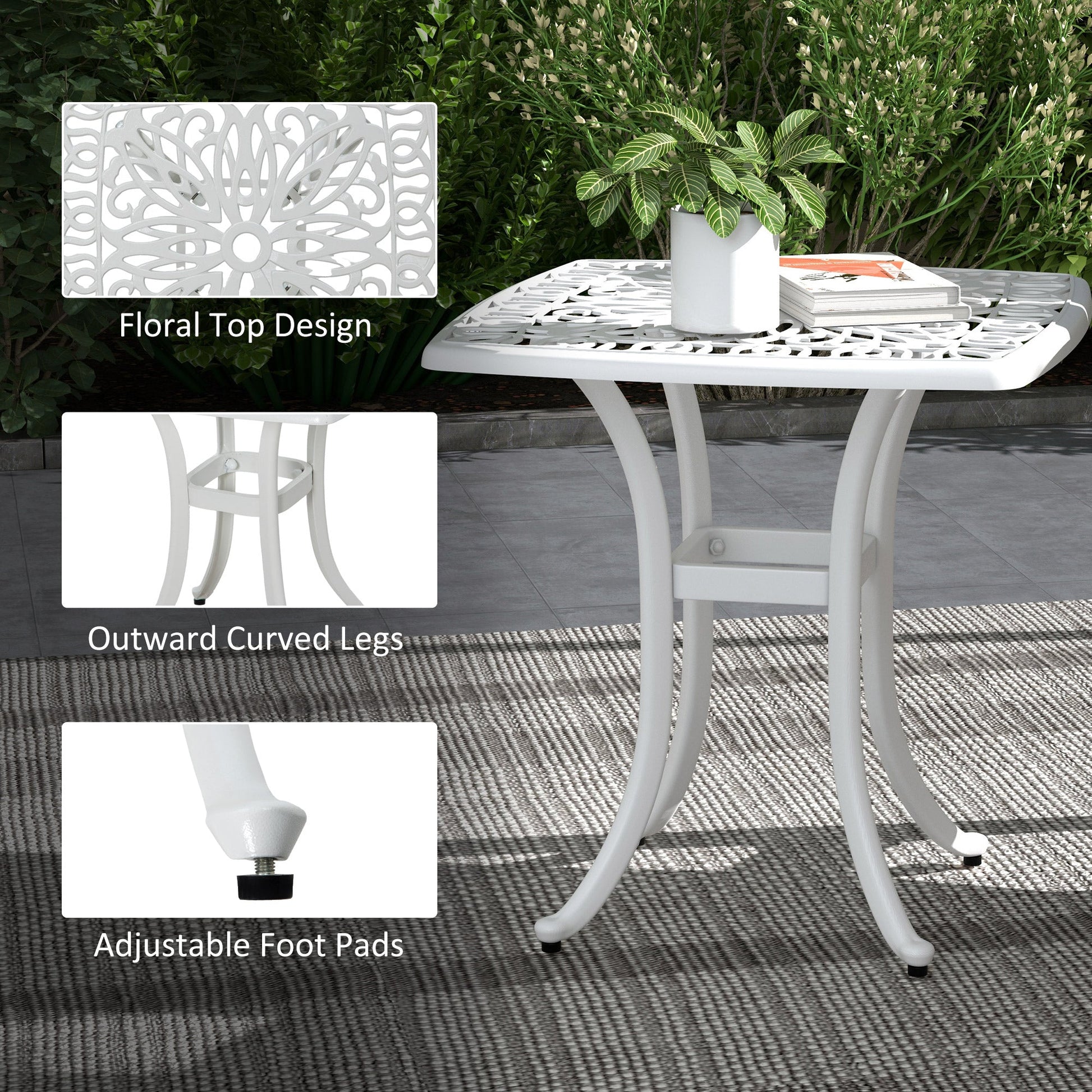 Cast Aluminum Outdoor Side Table, 21" Square Patio End Table with Umbrella Hole, Bistro Table for Garden, Balcony, Poolside, White