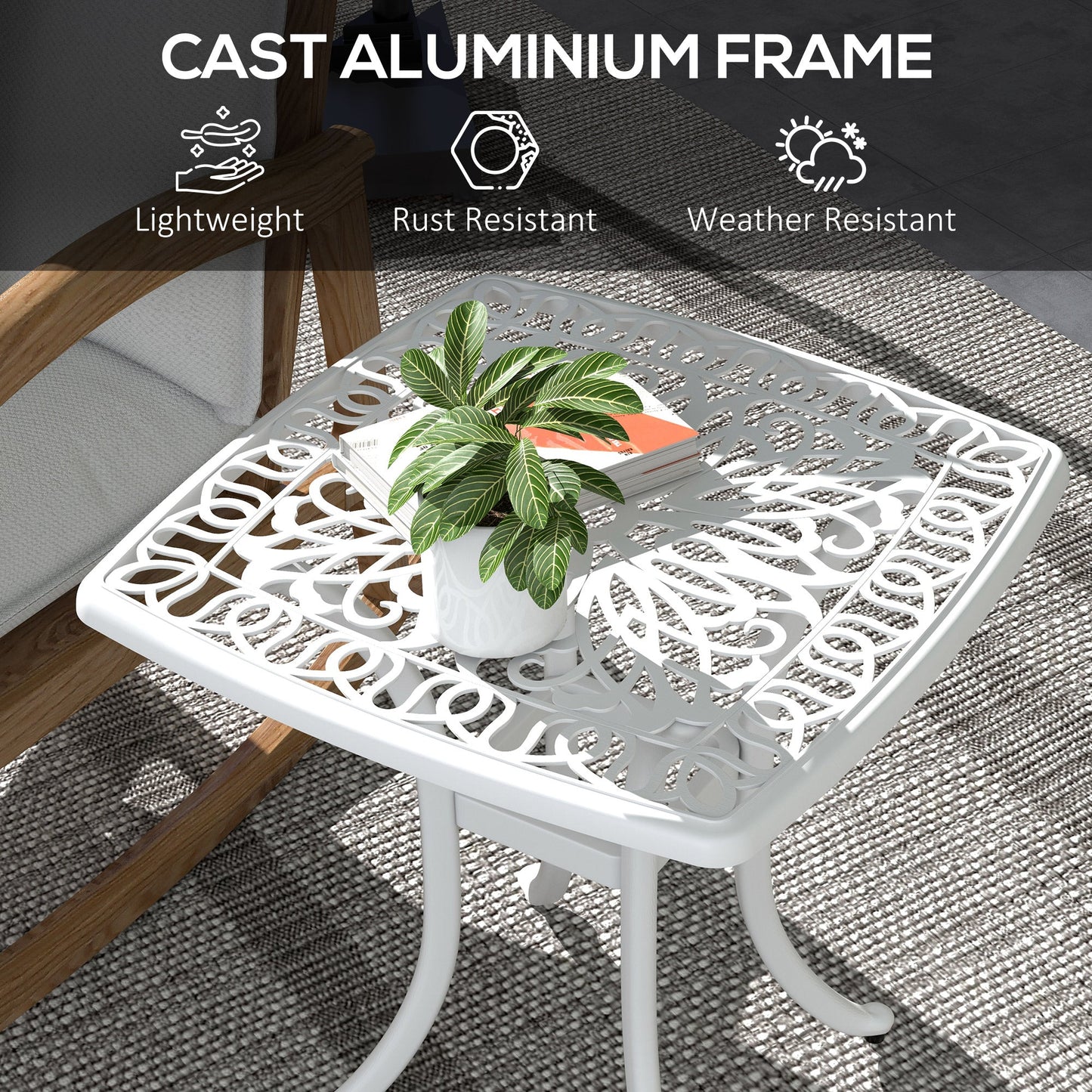 Cast Aluminum Outdoor Side Table, 21" Square Patio End Table with Umbrella Hole, Bistro Table for Garden, Balcony, Poolside, White