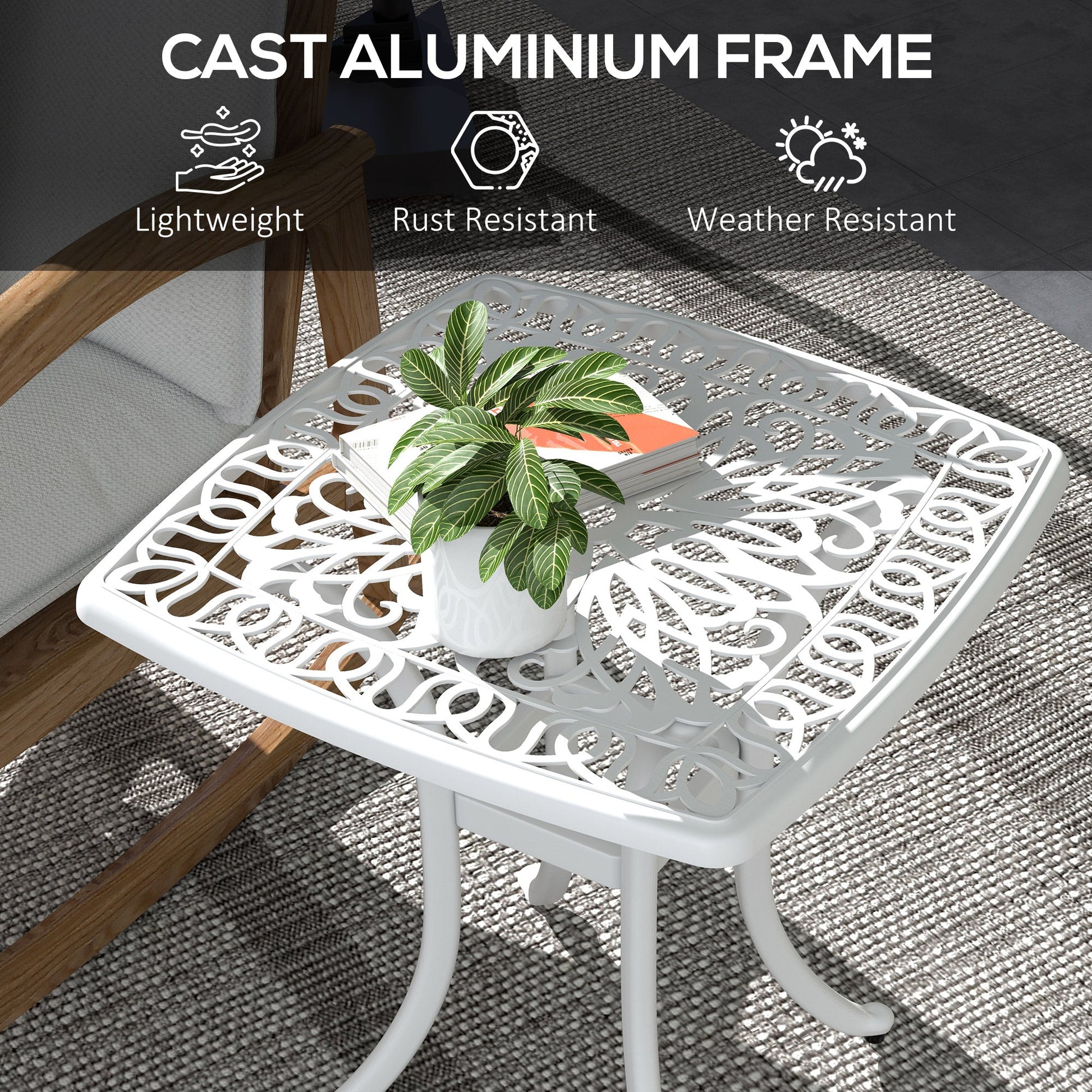 Cast Aluminum Outdoor Side Table, 21" Square Patio End Table with Umbrella Hole, Bistro Table for Garden, Balcony, Poolside, White