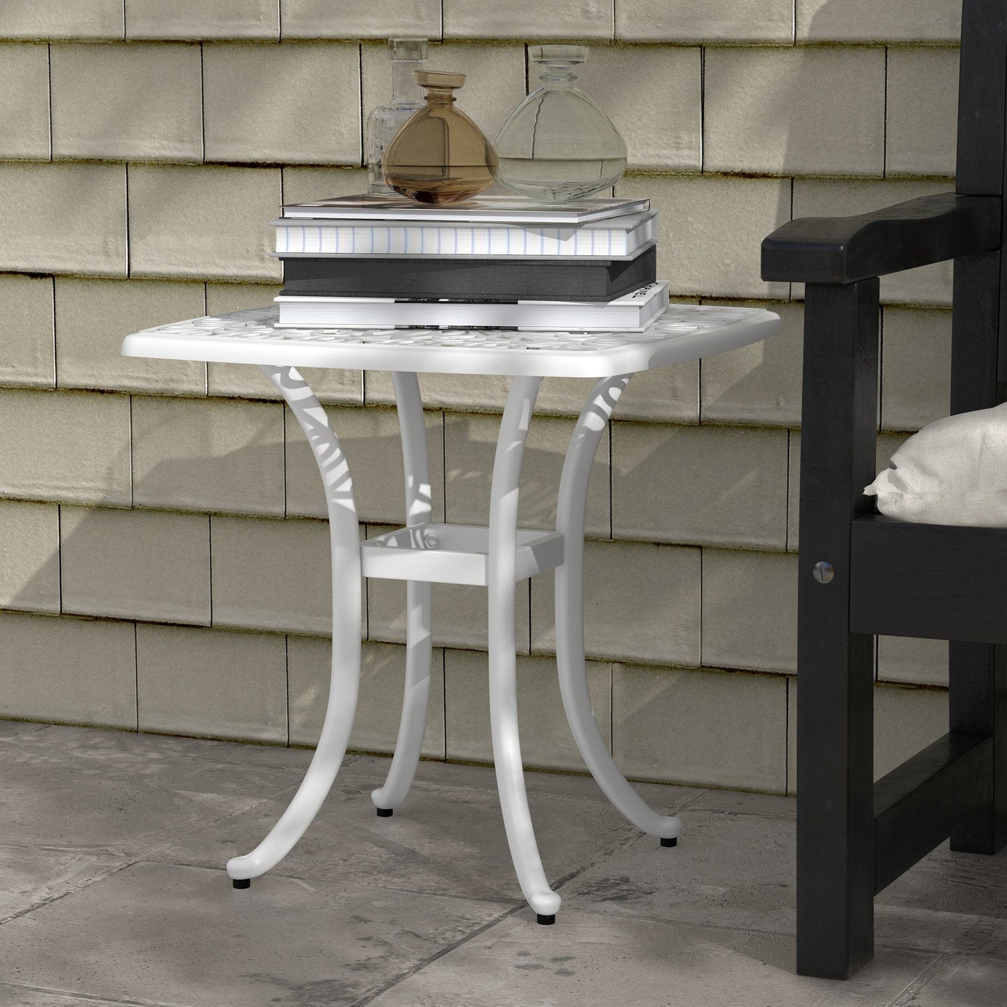Cast Aluminum Outdoor Side Table, 21" Square Patio End Table with Umbrella Hole, Bistro Table for Garden, Balcony, Poolside, White